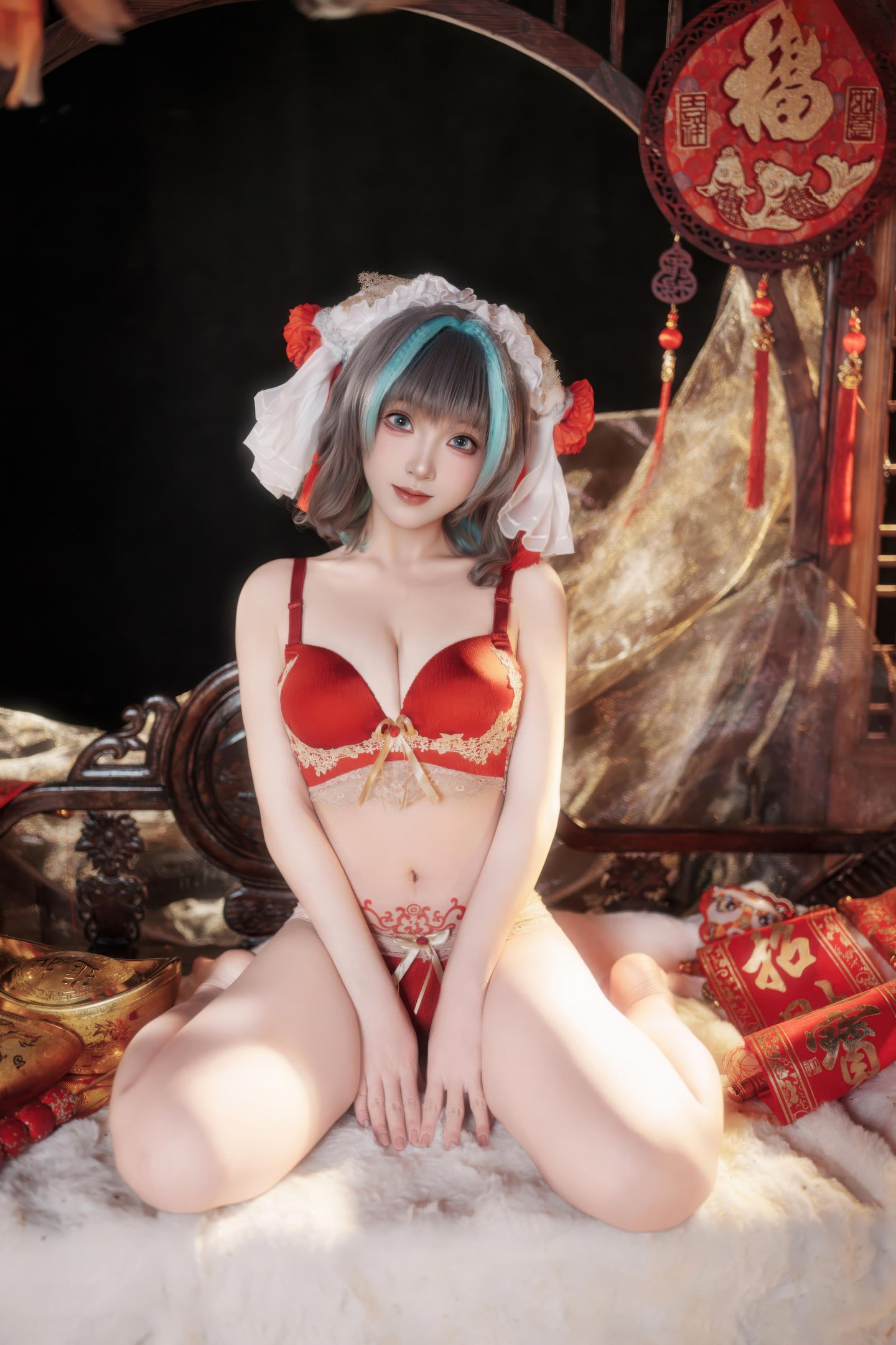 [cosplay] Bangni邦尼 - 碧蓝航线 柴郡 新春：红色旗袍白丝 露穴露臀还原 66P7V