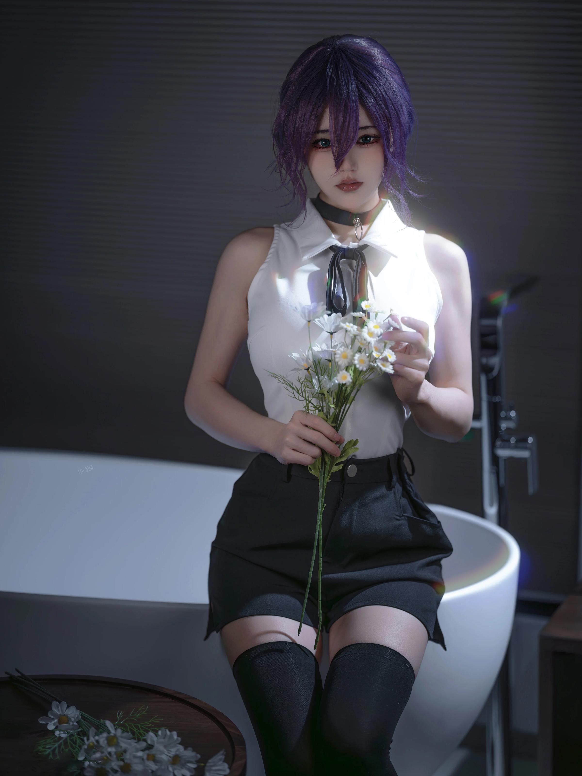 [cosplay] 小仓千代w - 链锯人 蕾塞：紫发白衬衫白丝 角色还原 32P