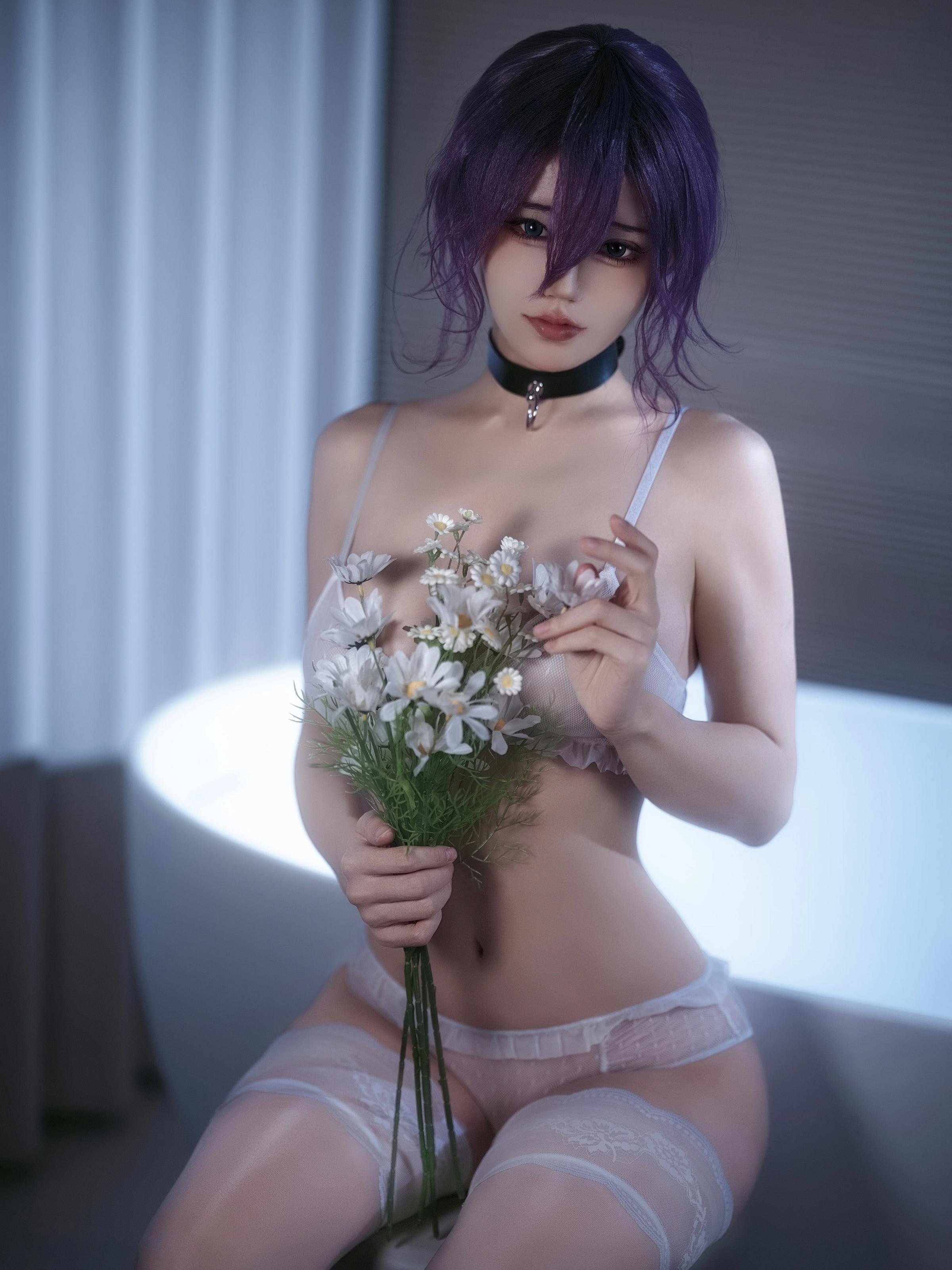 [cosplay] 小仓千代w - 链锯人 蕾塞：紫发白衬衫白丝 角色还原 32P