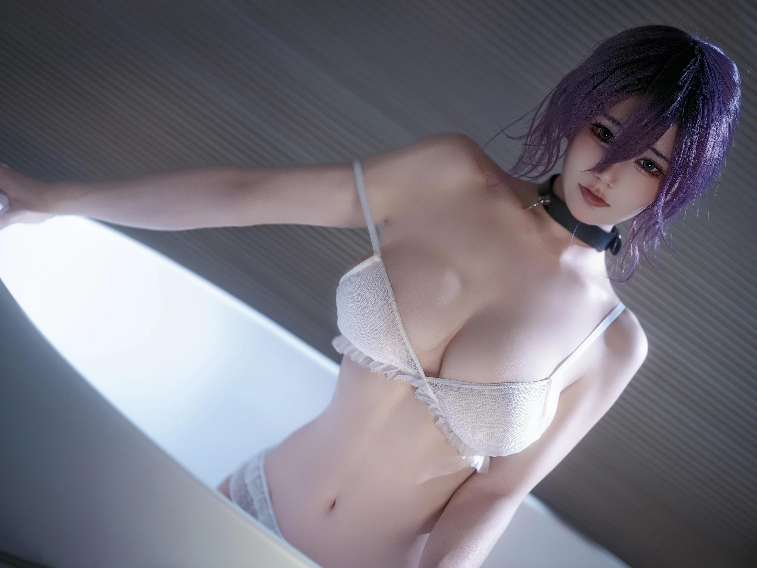 [cosplay] 小仓千代w - 链锯人 蕾塞：紫发白衬衫白丝 角色还原 32P