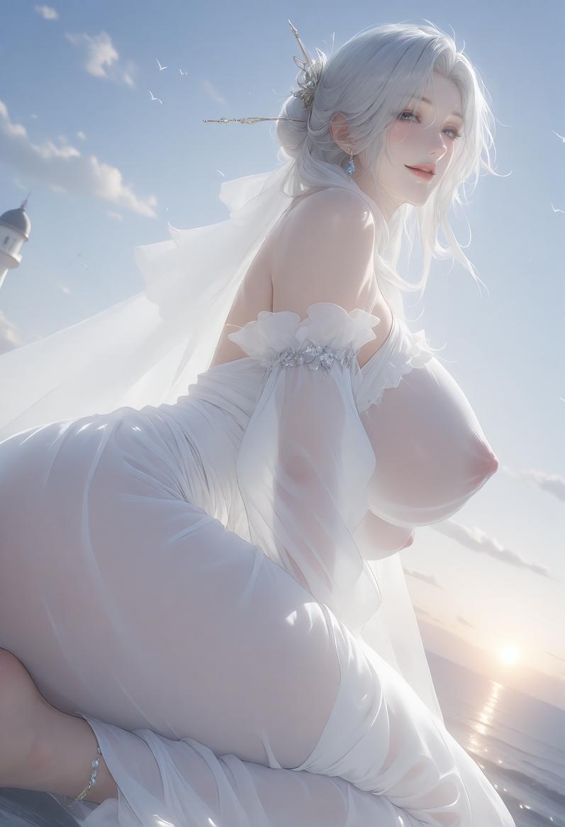 Cô Gái Anime Tạo Bởi AI - 大唐遗风 海之丰韵: Nữ Thần Trắng Tóc Bên Biển 132P