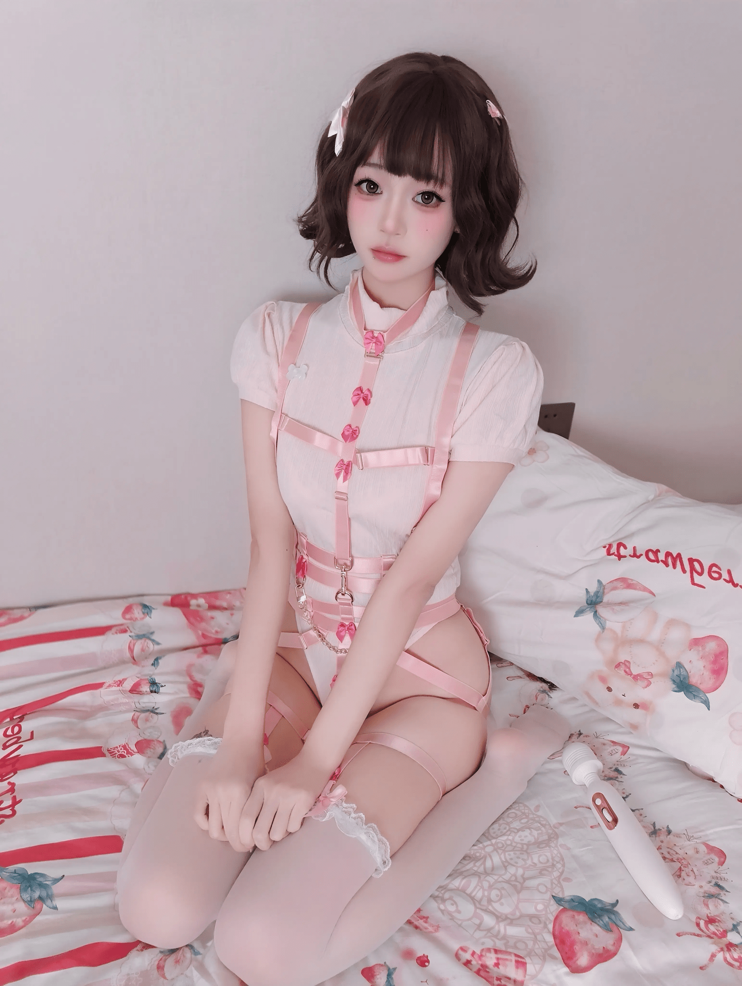 [私房] 麻薯好吃 - โบว์ผูกหางสุนัขตัวน้อย: ชุดชั้นในสไตล์สัตว์เลี้ยงโทนชมพูขาว 私房 小狗 80P1V