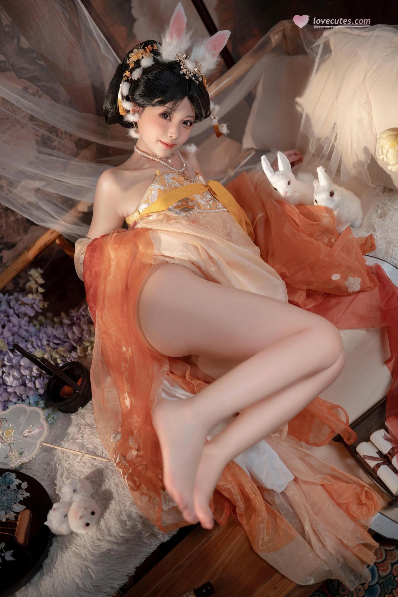 [私房] Bangni邦尼 - Thỏ Ngọc Tết Trung Thu: váy voan màu cam, tai thỏ, ảnh riêng tư dịp Trung Thu, chân dài quy mô lớn 88P7V
