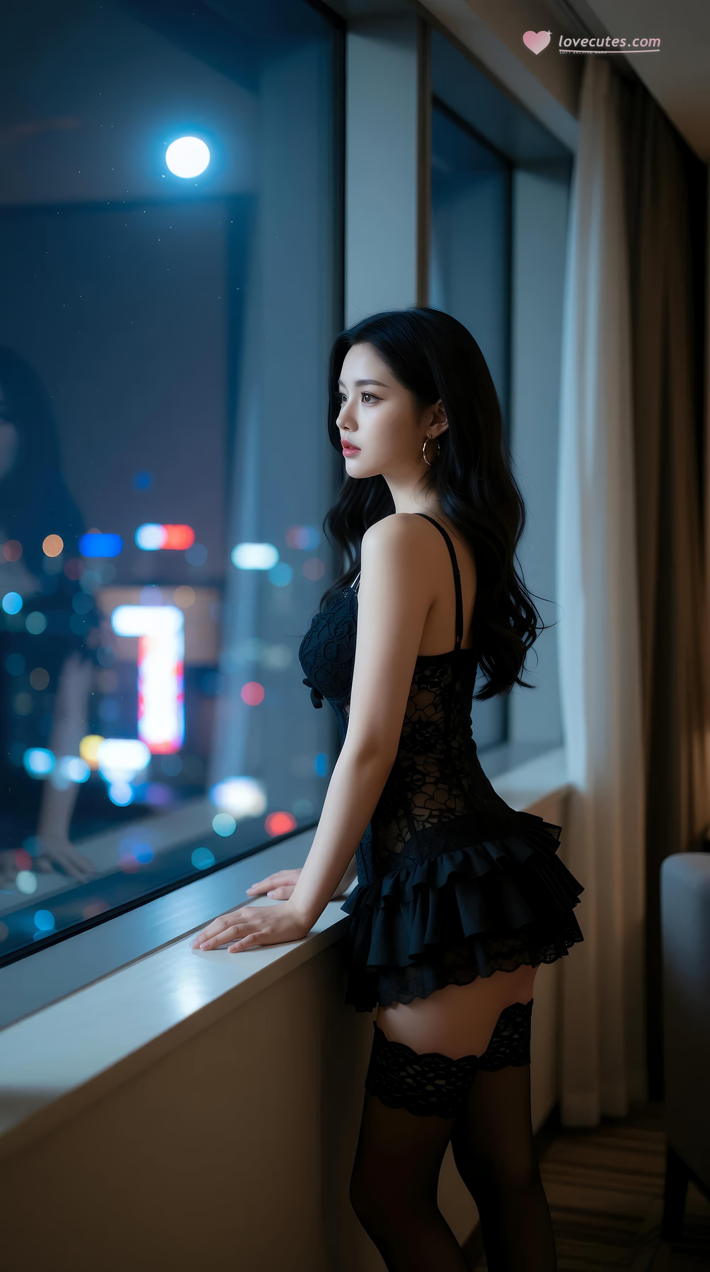 [AI美女] 乐瑶 - 酒店黑蕾丝内衣：夜景窗边黑丝美腿 86P