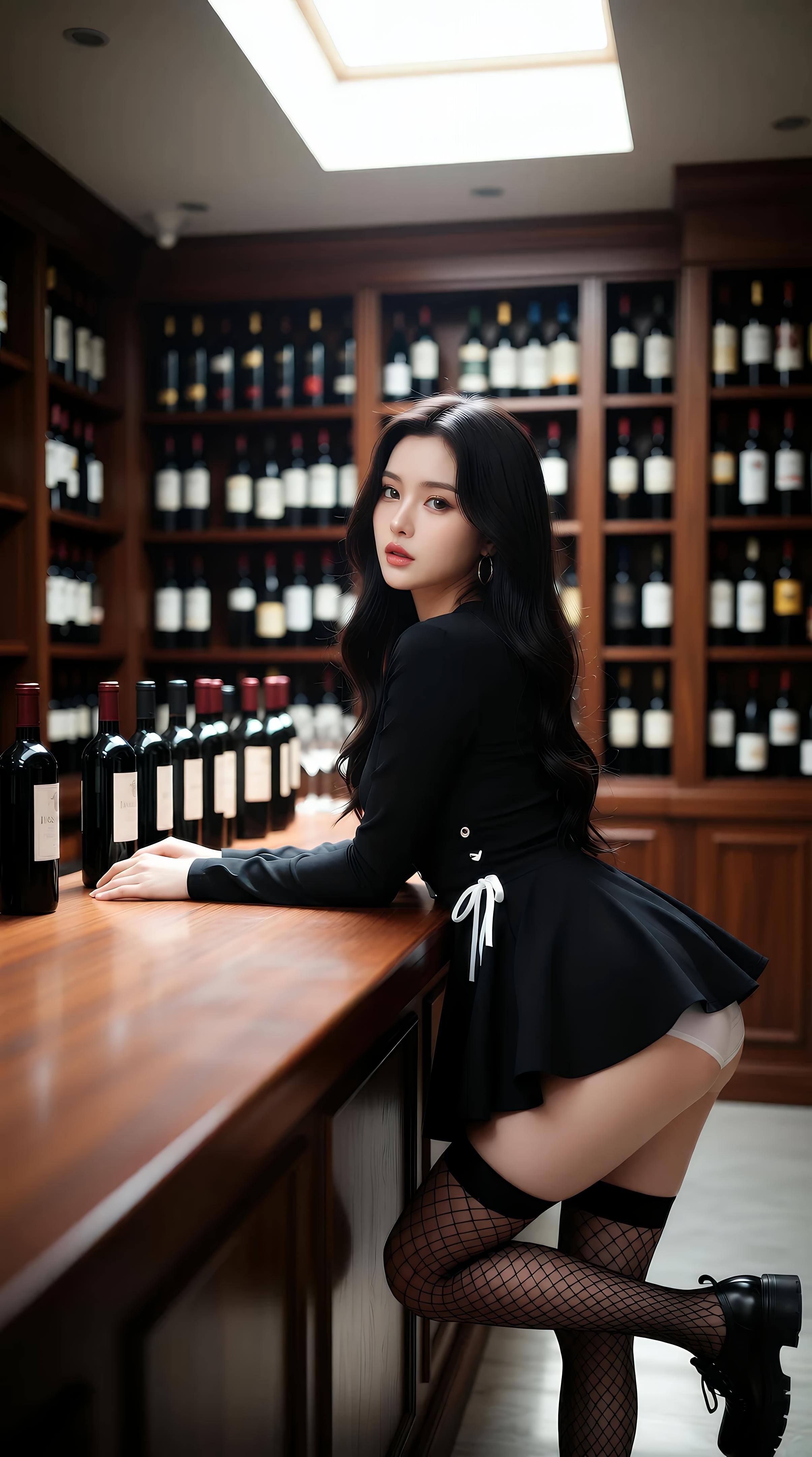 [AI美女] 乐瑶 - 酒窖黑丝制服：黑色外套鱼网袜美腿 71P