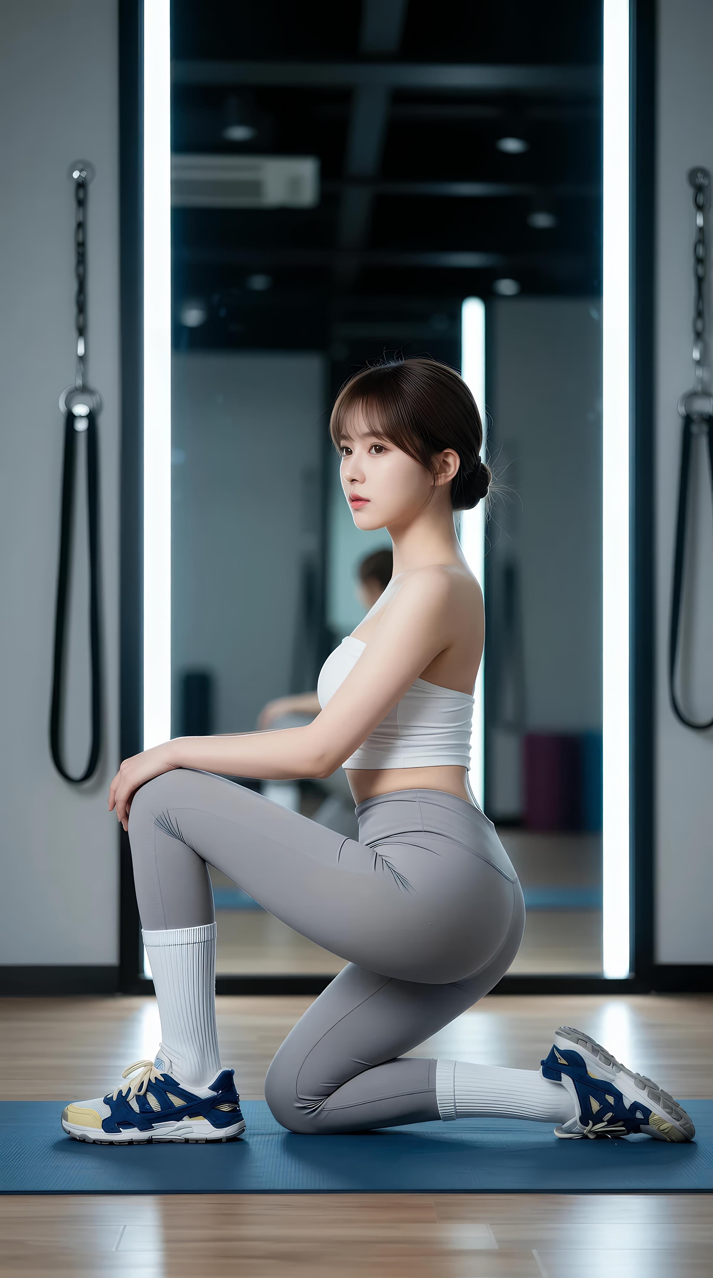 [AI美女] 媛媛lily - 瑜伽教室：白色抹胸灰色瑜伽裤柔韧美腿 70P