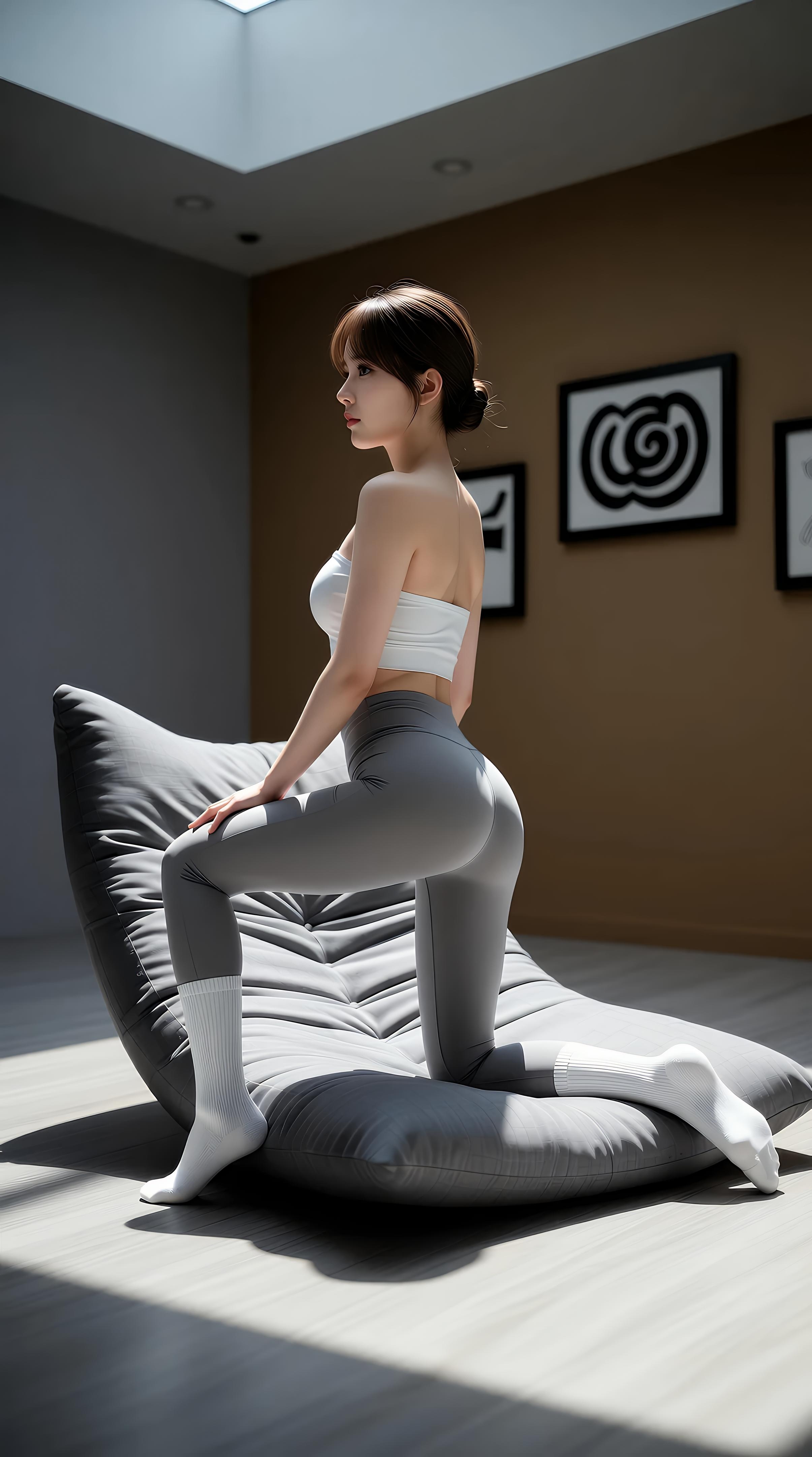 [AI美女] 媛媛lily - 瑜伽教室：白色抹胸灰色瑜伽裤柔韧美腿 70P