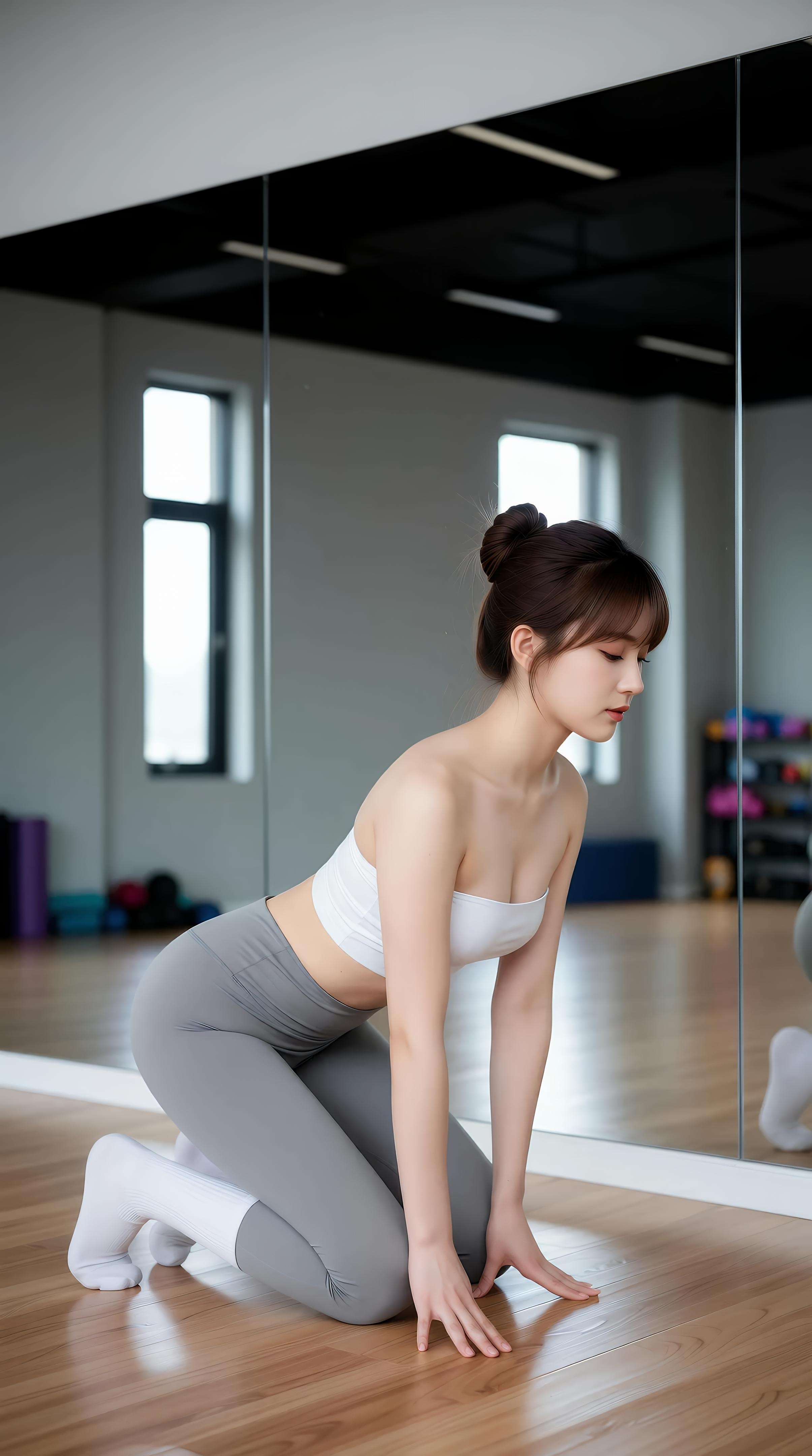 [AI美女] 媛媛lily - ห้องเรียนโยคะ：สายรัดอกสีขาว กางเกงโยคะสีเทา ขาเรียวอ่อน柔韧 70P