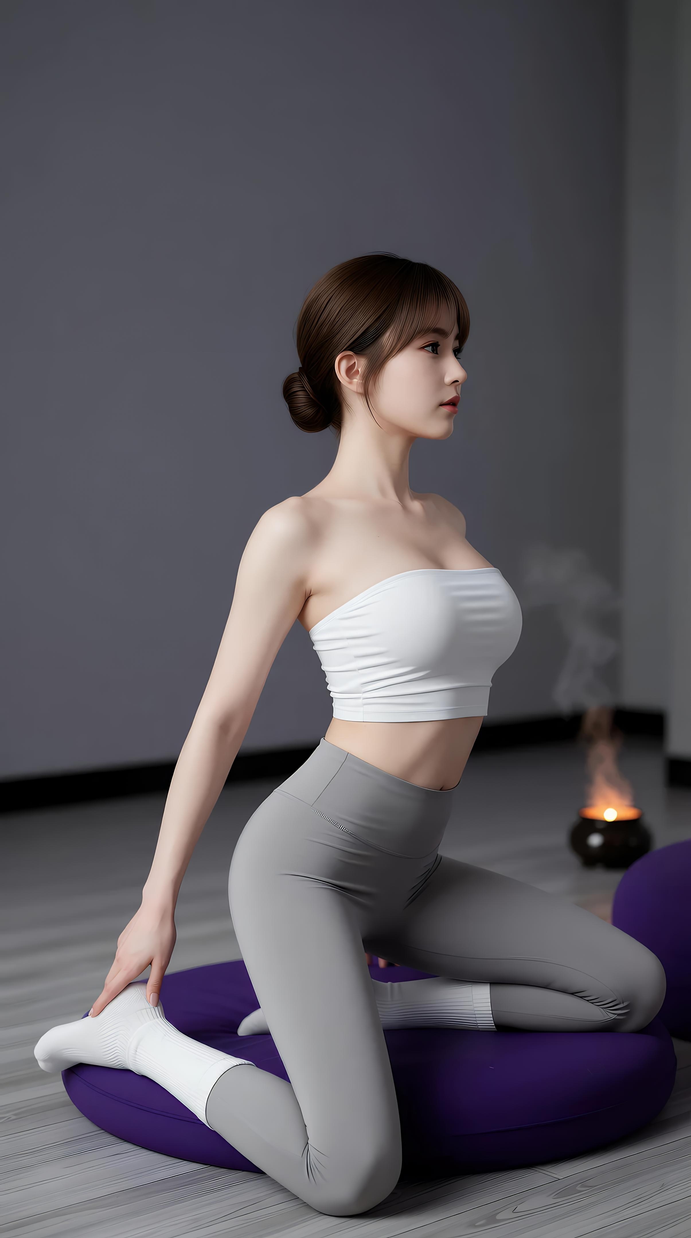 [AI美女] 媛媛lily - 瑜伽教室：白色抹胸灰色瑜伽裤柔韧美腿 70P