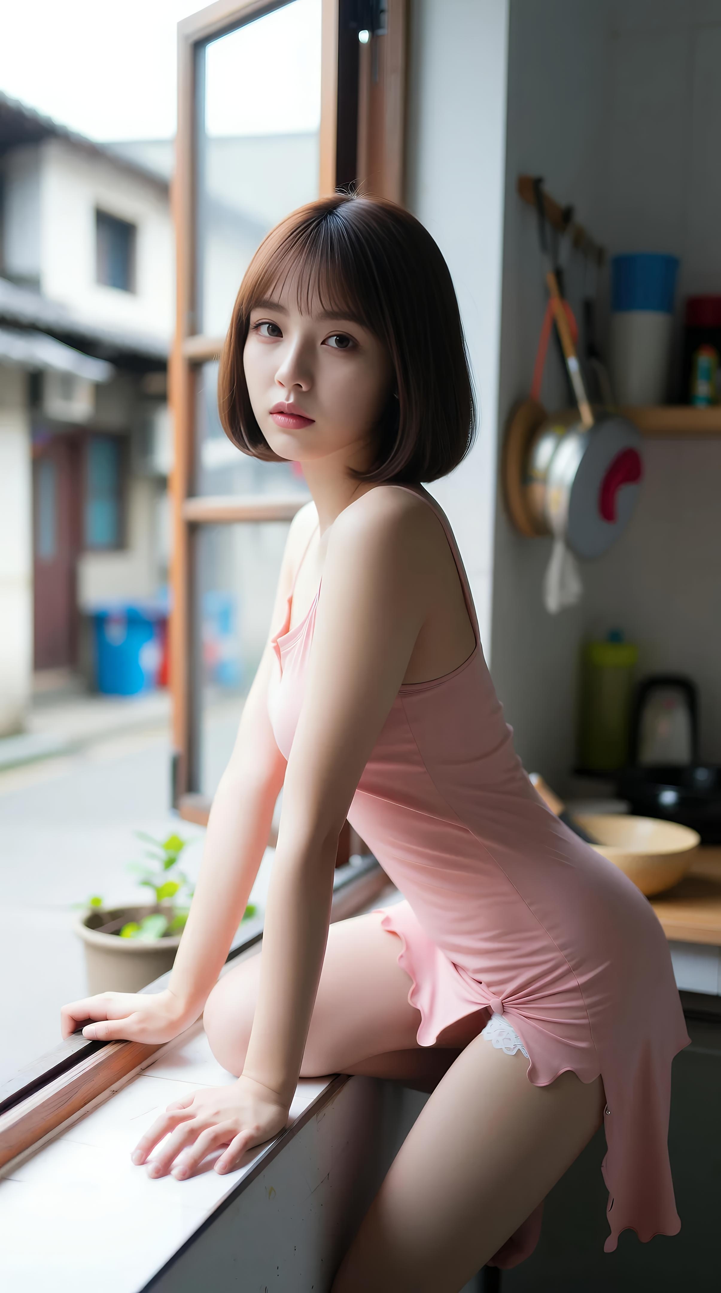 [AI美女] 小乔不乔 - 粉色短裙街巷：户外阳光清纯美腿 97P