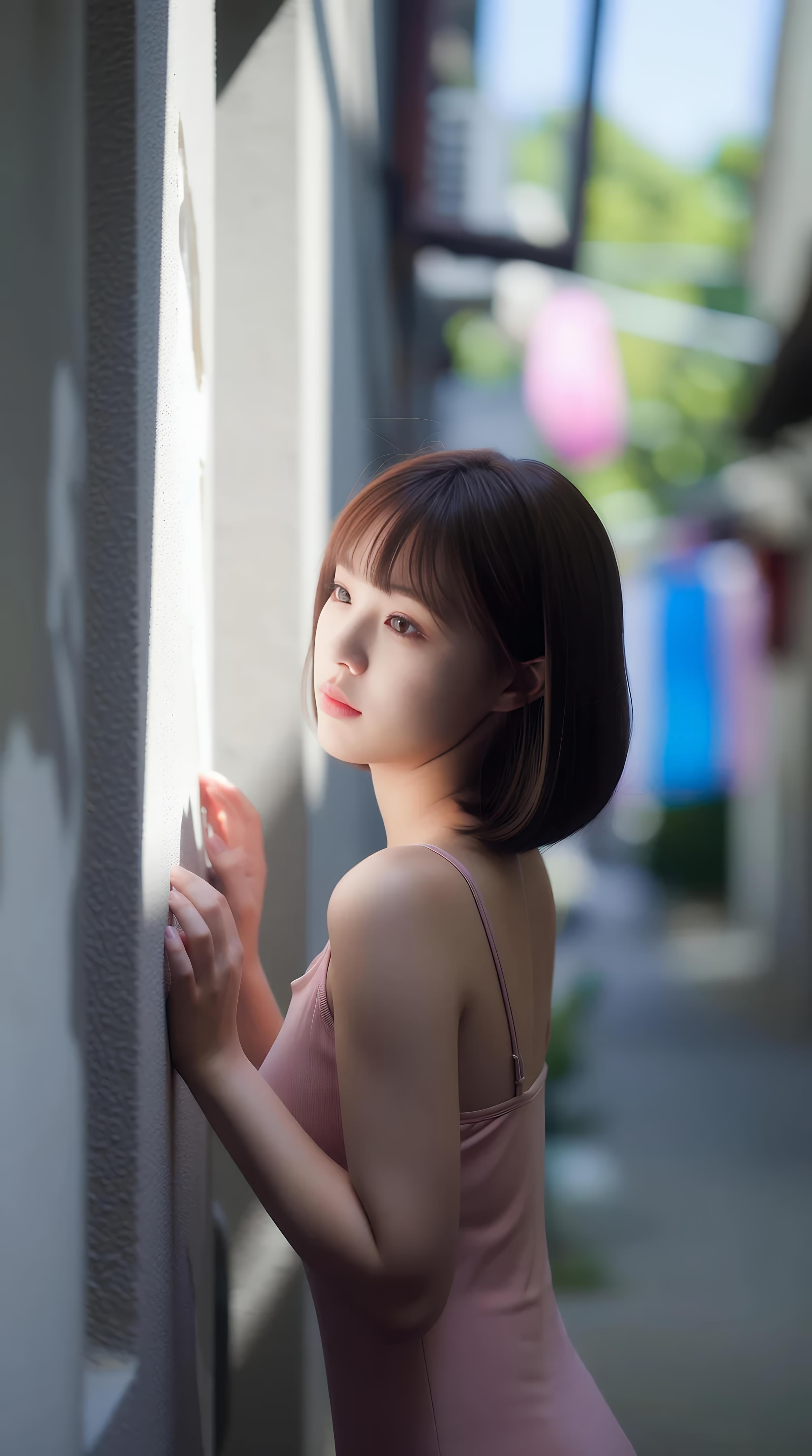 [AI美女] 小乔不乔 - 粉色短裙街巷：户外阳光清纯美腿 97P