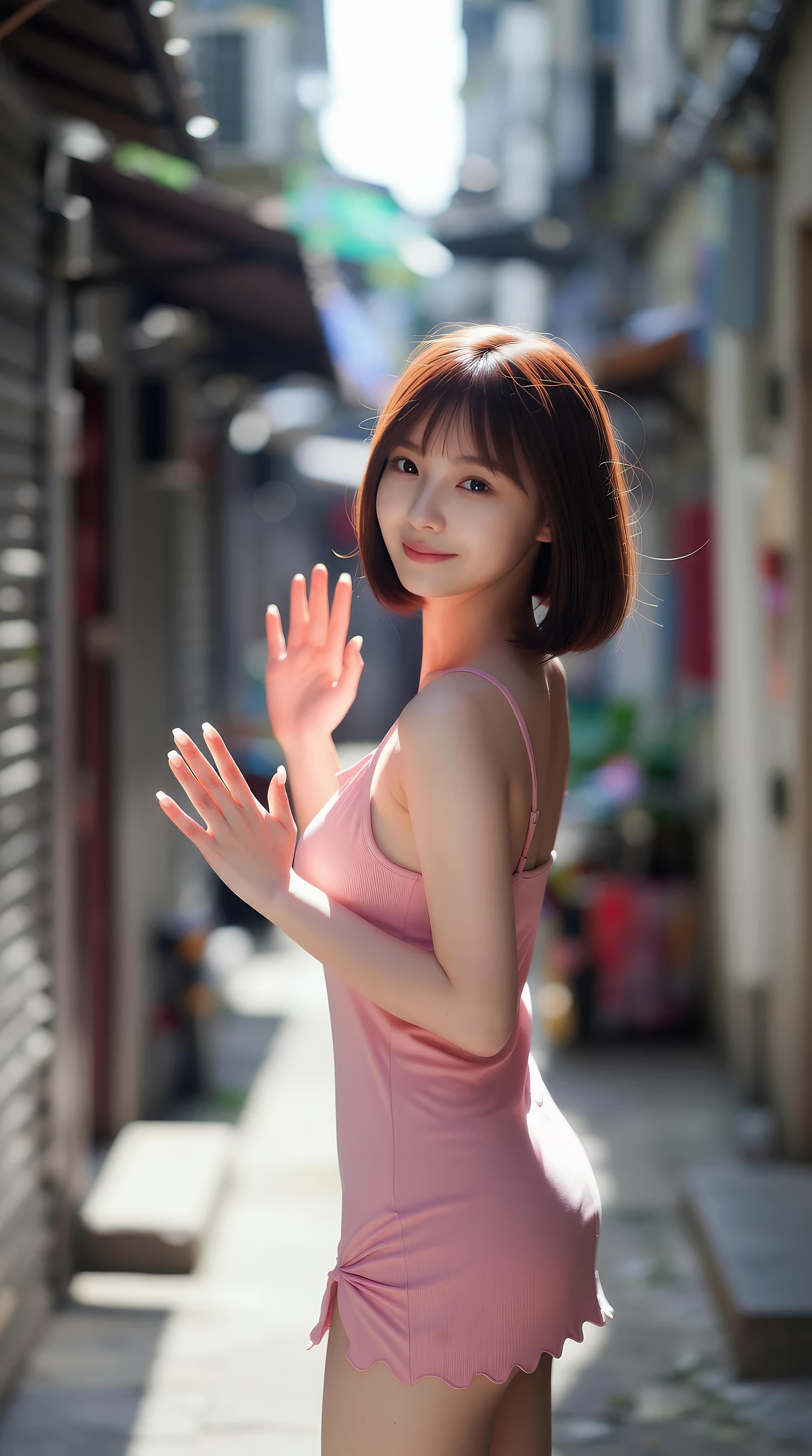 [AI美女] 小喬不喬 - 粉色短裙街巷：戶外陽光清純美腿 97P