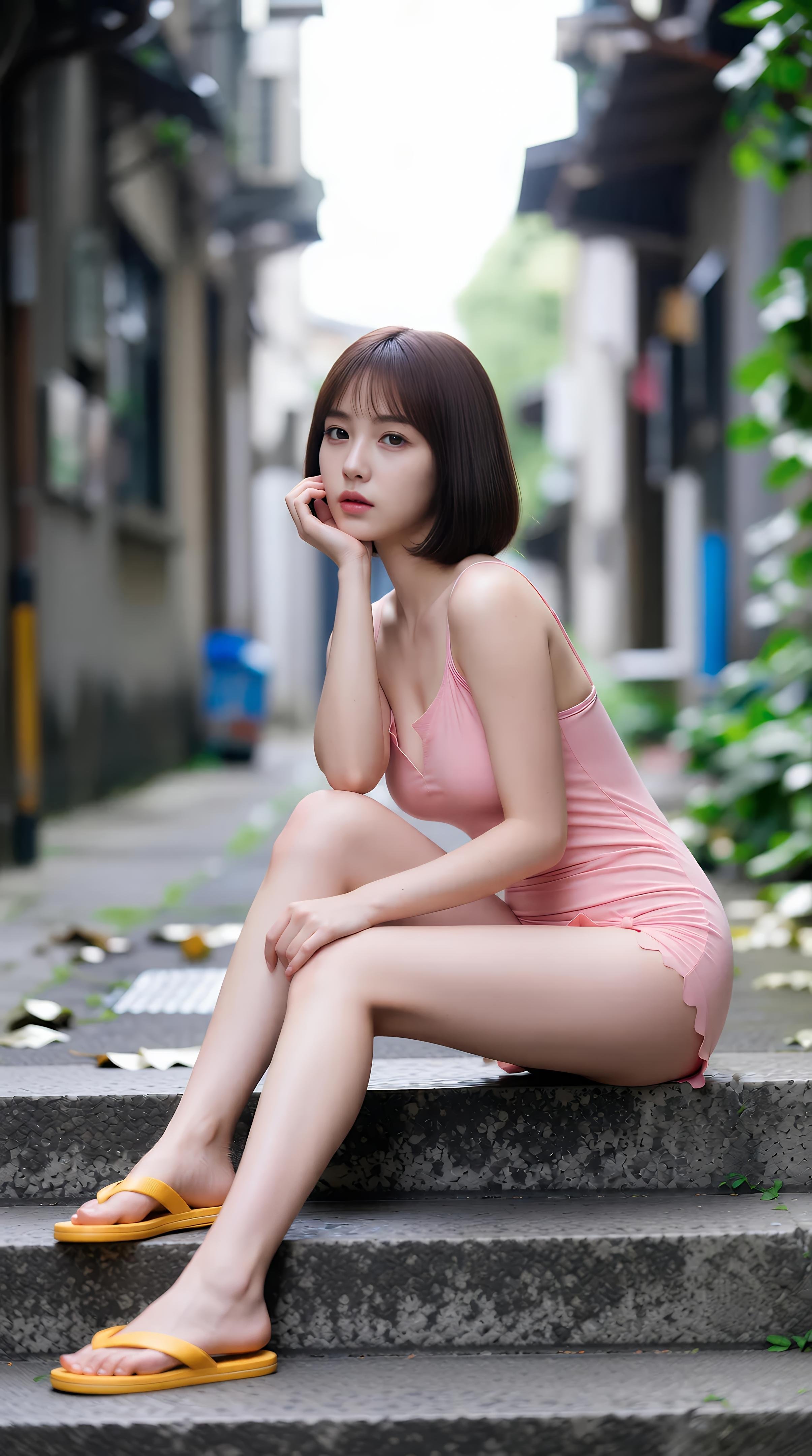 [AI美女] 小喬不喬 - 粉色短裙街巷：戶外陽光清純美腿 97P