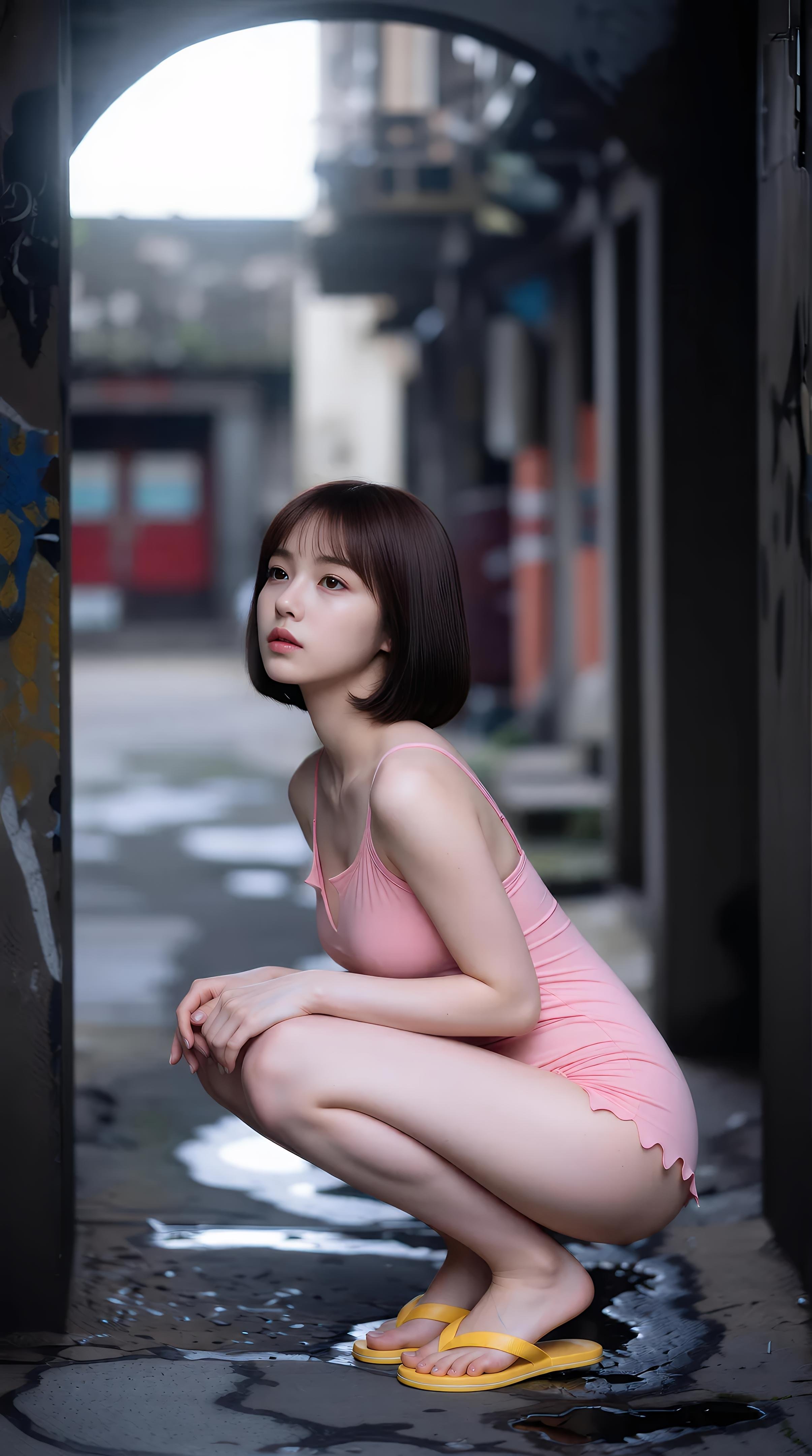 [AI美女] 小喬不喬 - 粉色短裙街巷：戶外陽光清純美腿 97P
