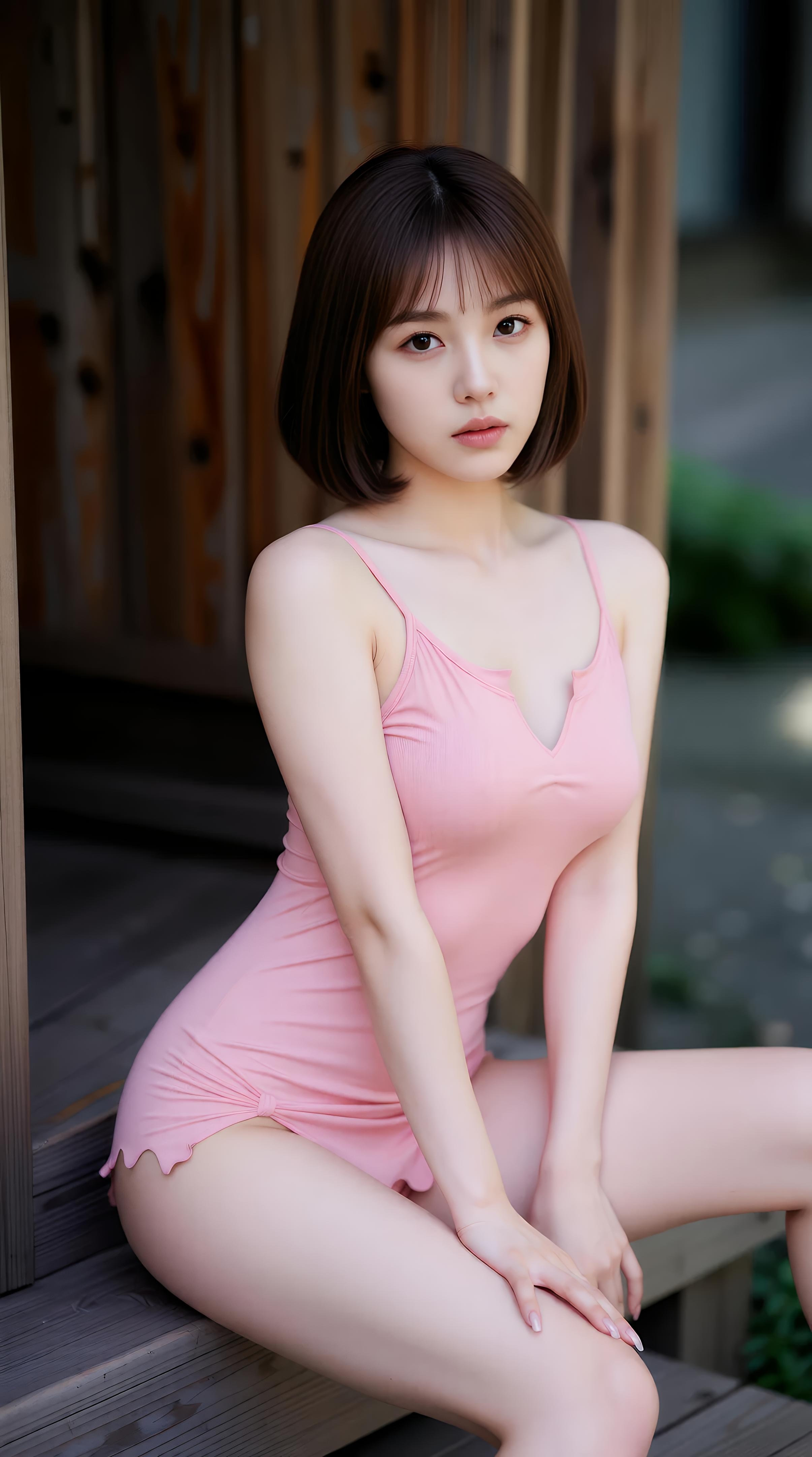 [AI美女] 小乔不乔 - 분홍색 짧은 치마 거리 골목: 야외 햇살 청순한 미다리 97P