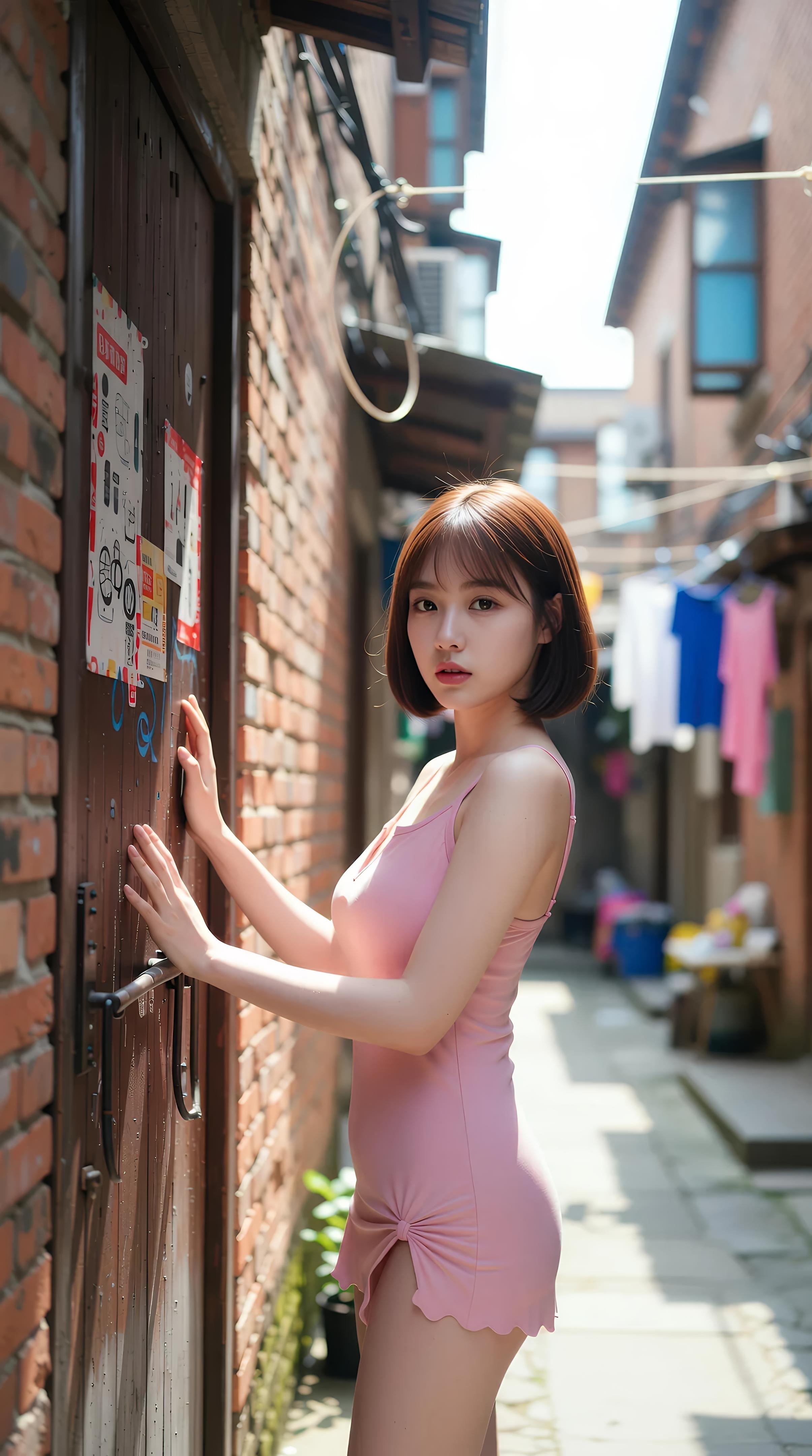 [AI Beauty] Xiao Qiao Bu Qiao - Pink Short Skirt Alley: Outdoor Sunny Pure Aesthetic Long Legs 97P