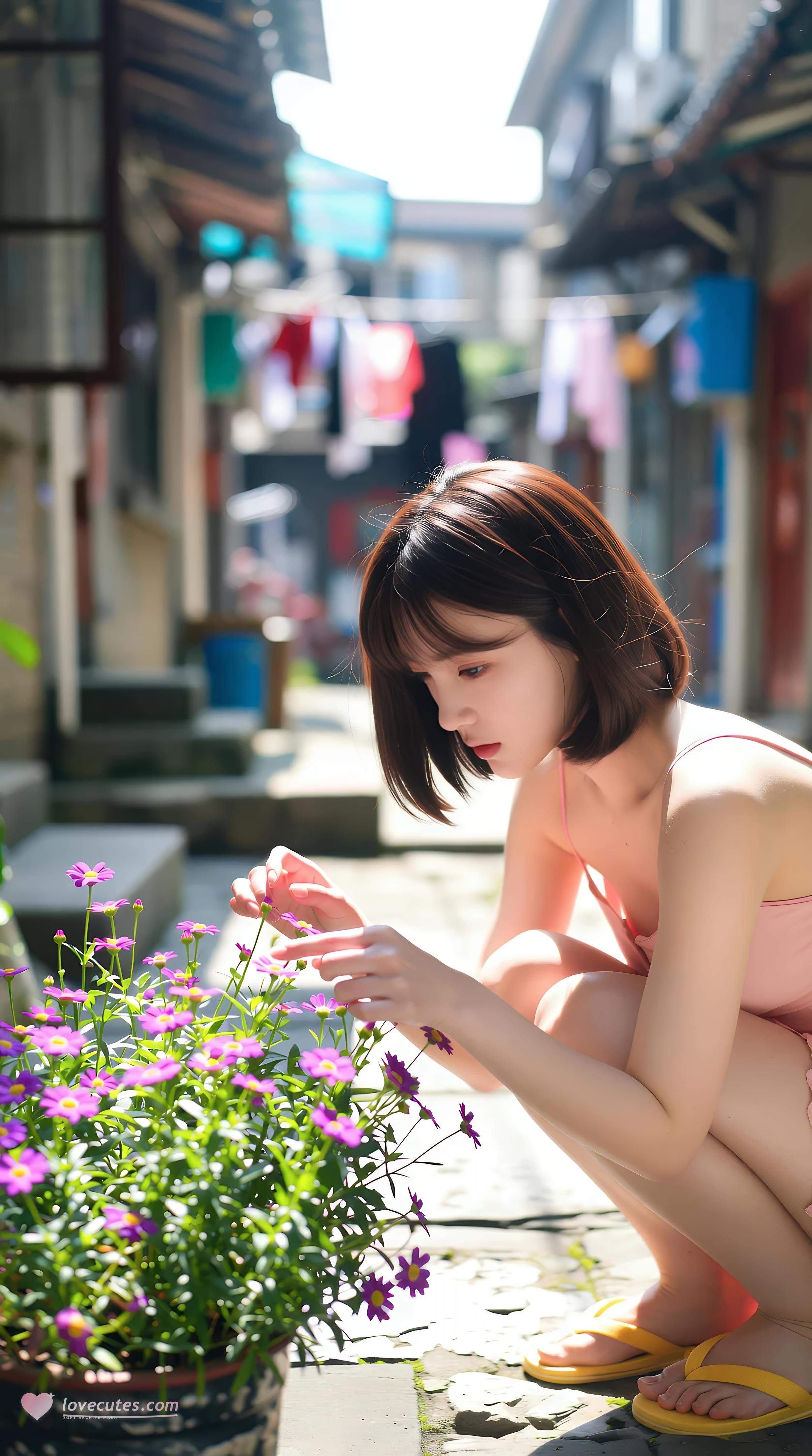 [AI Beauty] Xiao Qiao Bu Qiao - Pink Short Skirt Alley: Outdoor Sunny Pure Aesthetic Long Legs 97P