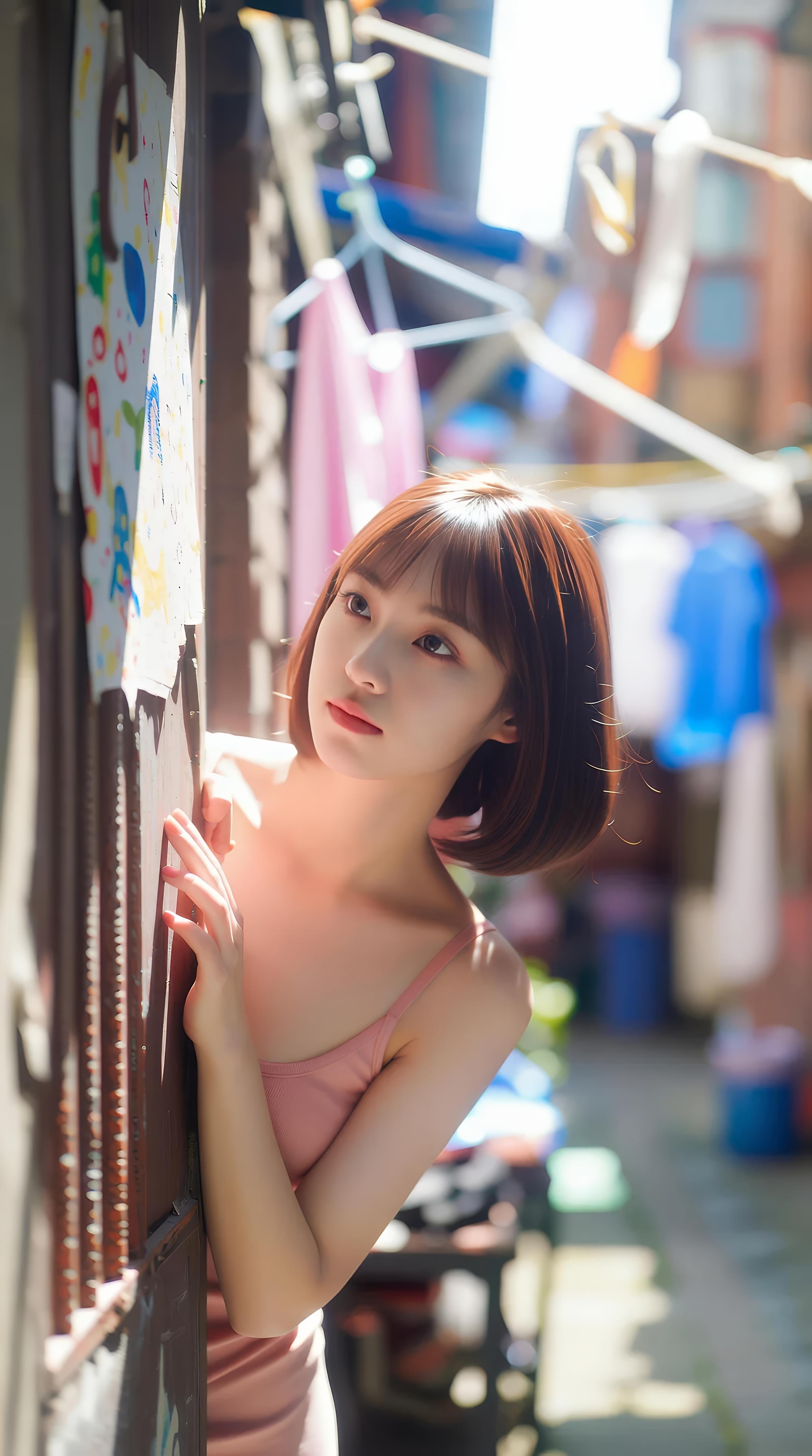 [AI Beauty] Xiao Qiao Bu Qiao - Pink Short Skirt Alley: Outdoor Sunny Pure Aesthetic Long Legs 97P