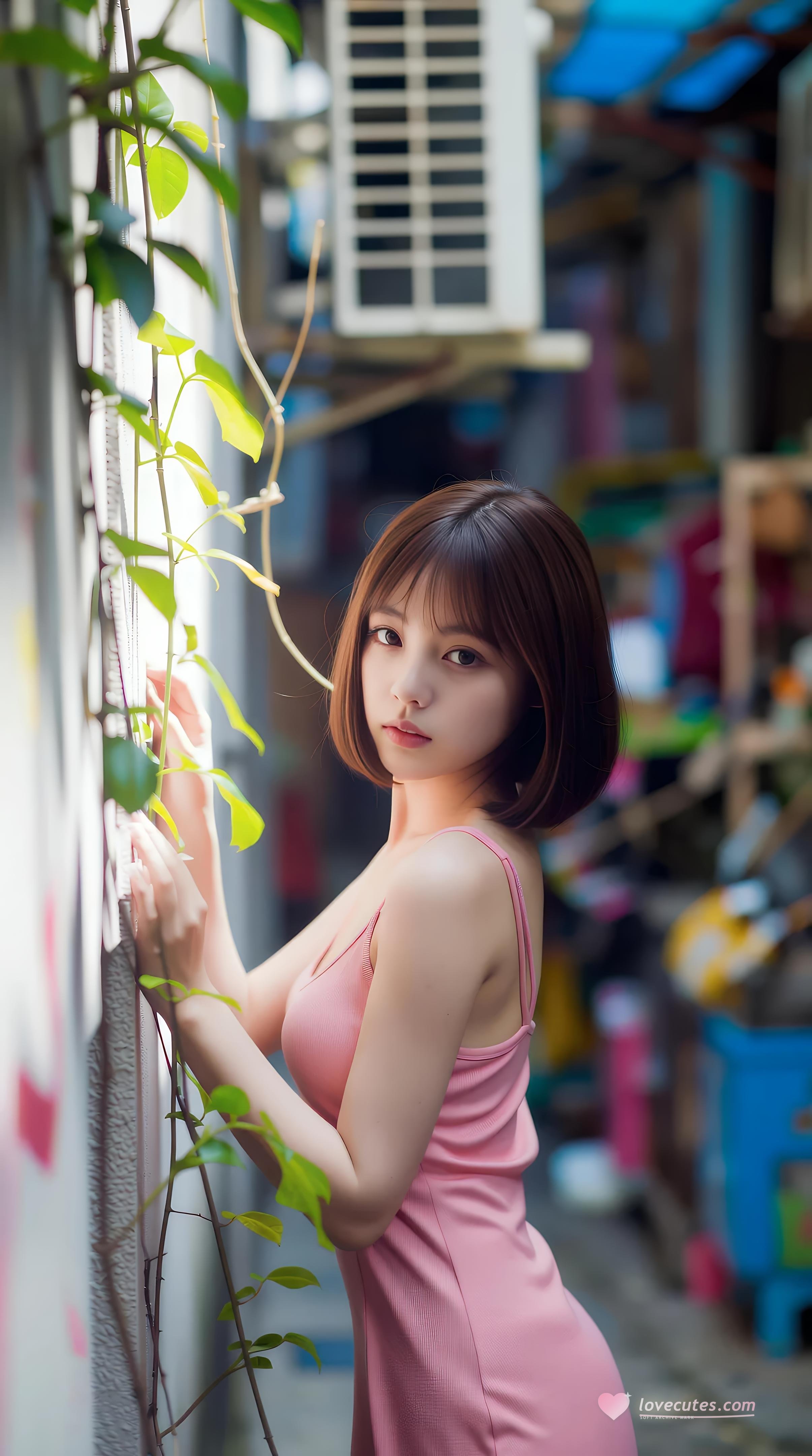 [AI Beauty] Xiao Qiao Bu Qiao - Pink Short Skirt Alley: Outdoor Sunny Pure Aesthetic Long Legs 97P