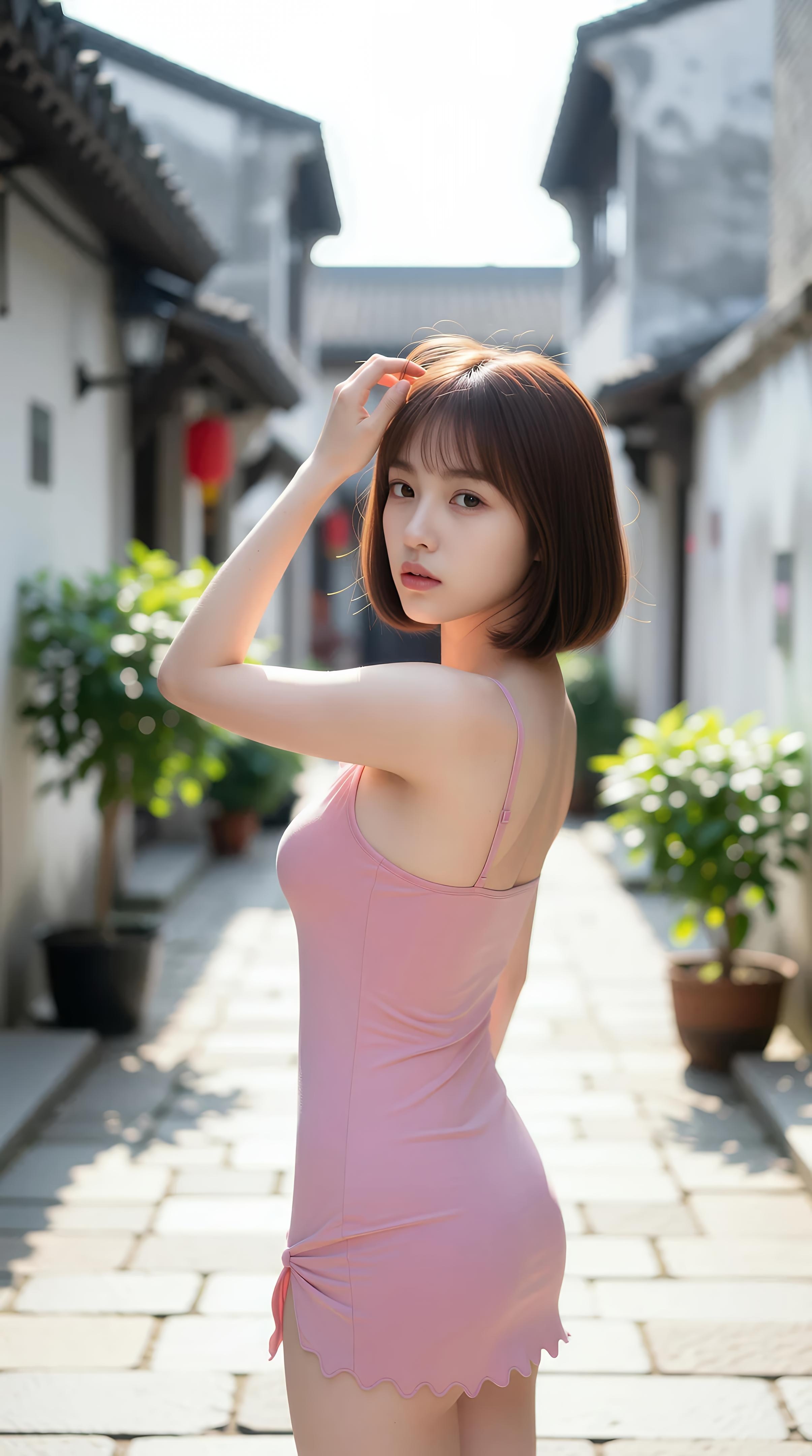 [AI美女] 小乔不乔 - 粉色短裙街巷：户外阳光清纯美腿 97P