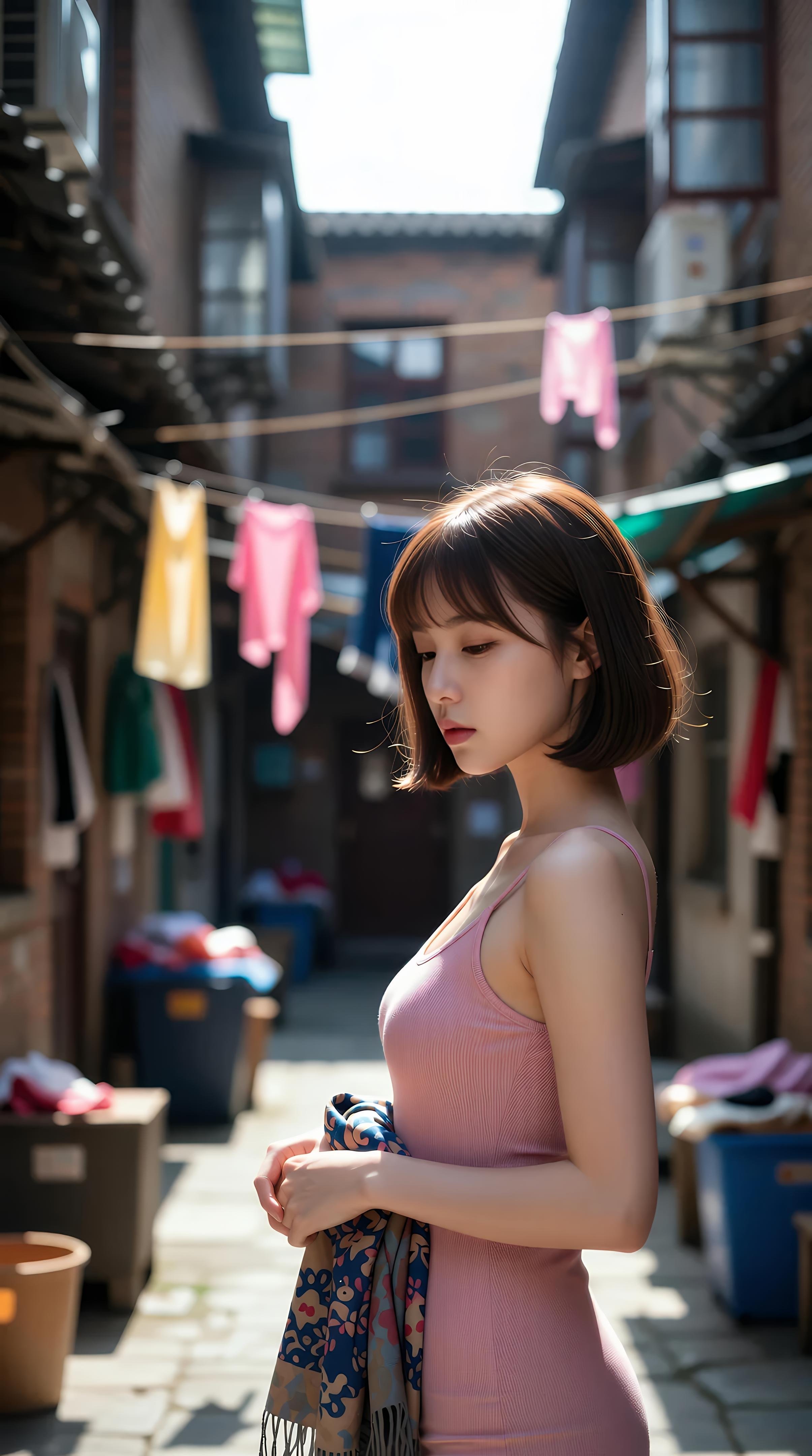 [AI美女] 小乔不乔 - 粉色短裙街巷：户外阳光清纯美腿 97P