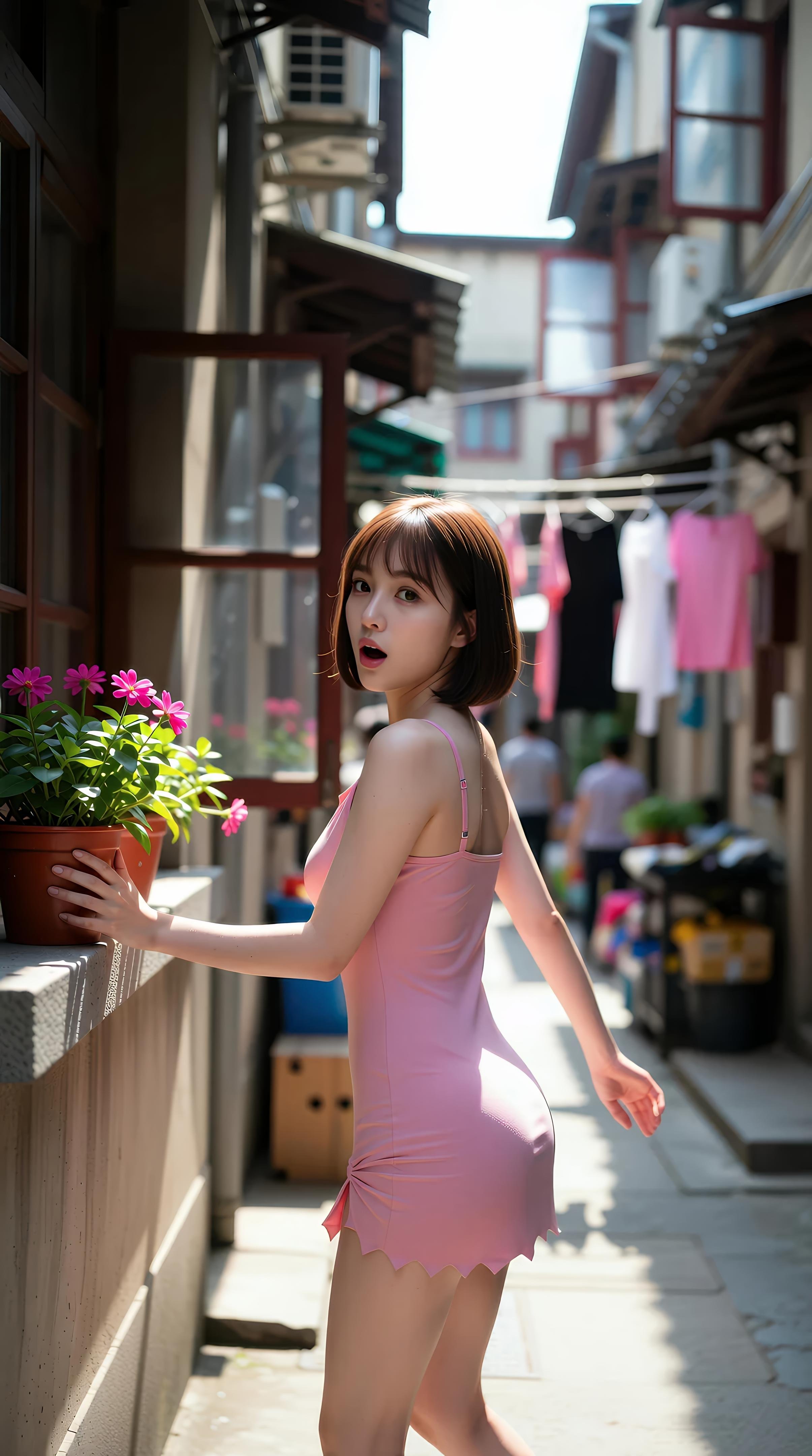 [AI美女] 小乔不乔 - 粉色短裙街巷：户外阳光清纯美腿 97P