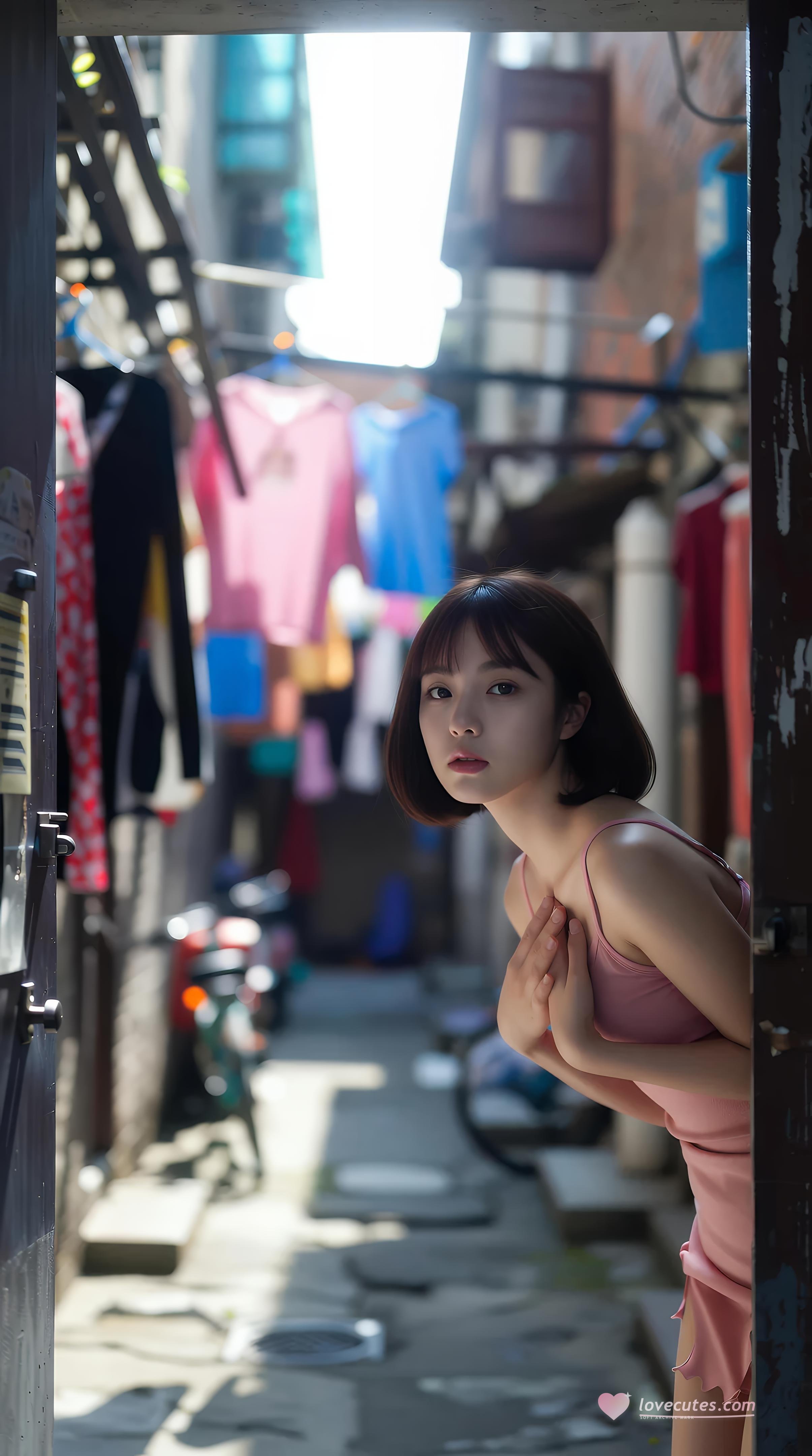 [AI美女] 小乔不乔 - 粉色短裙街巷：户外阳光清纯美腿 97P