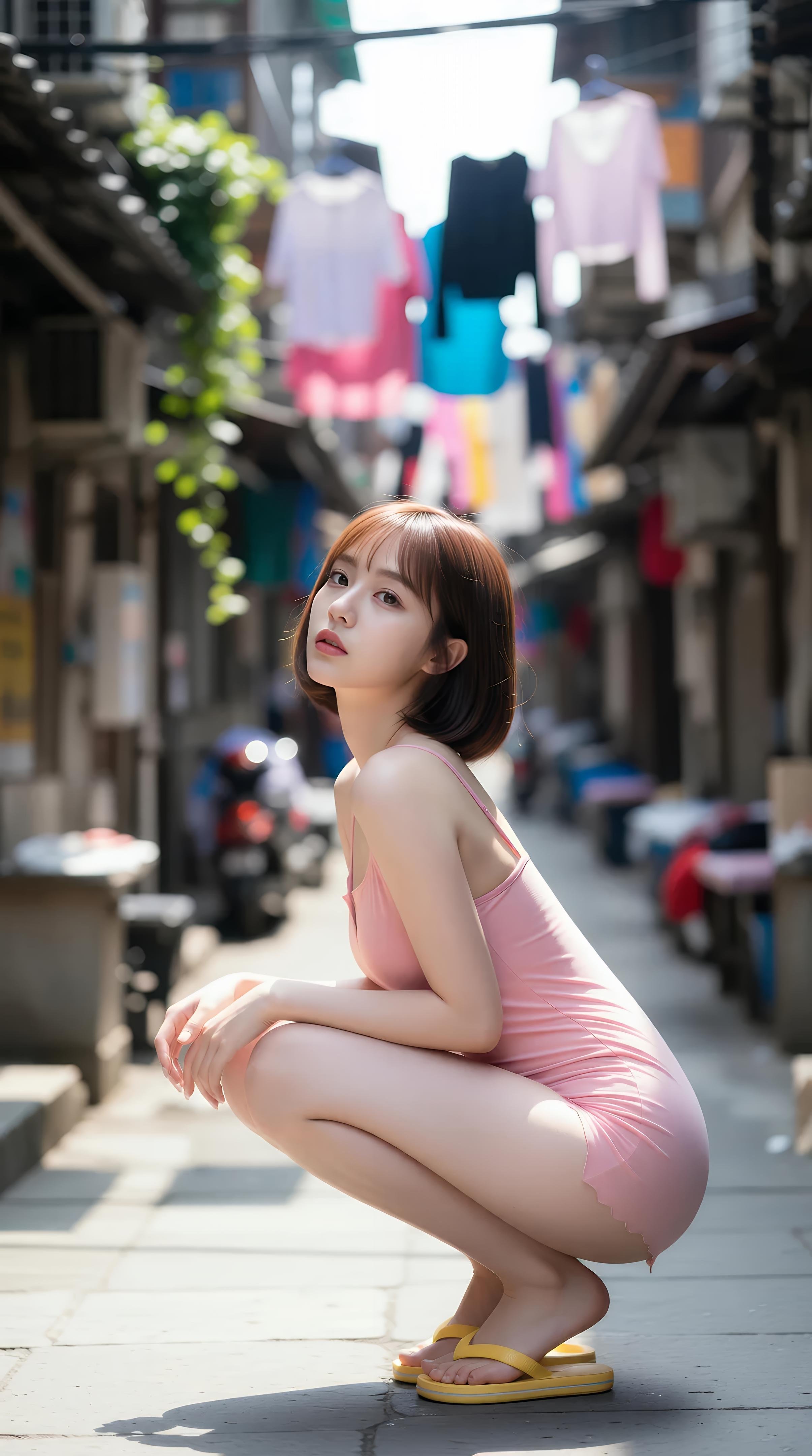 [AI美女] 小乔不乔 - 粉色短裙街巷：户外阳光清纯美腿 97P