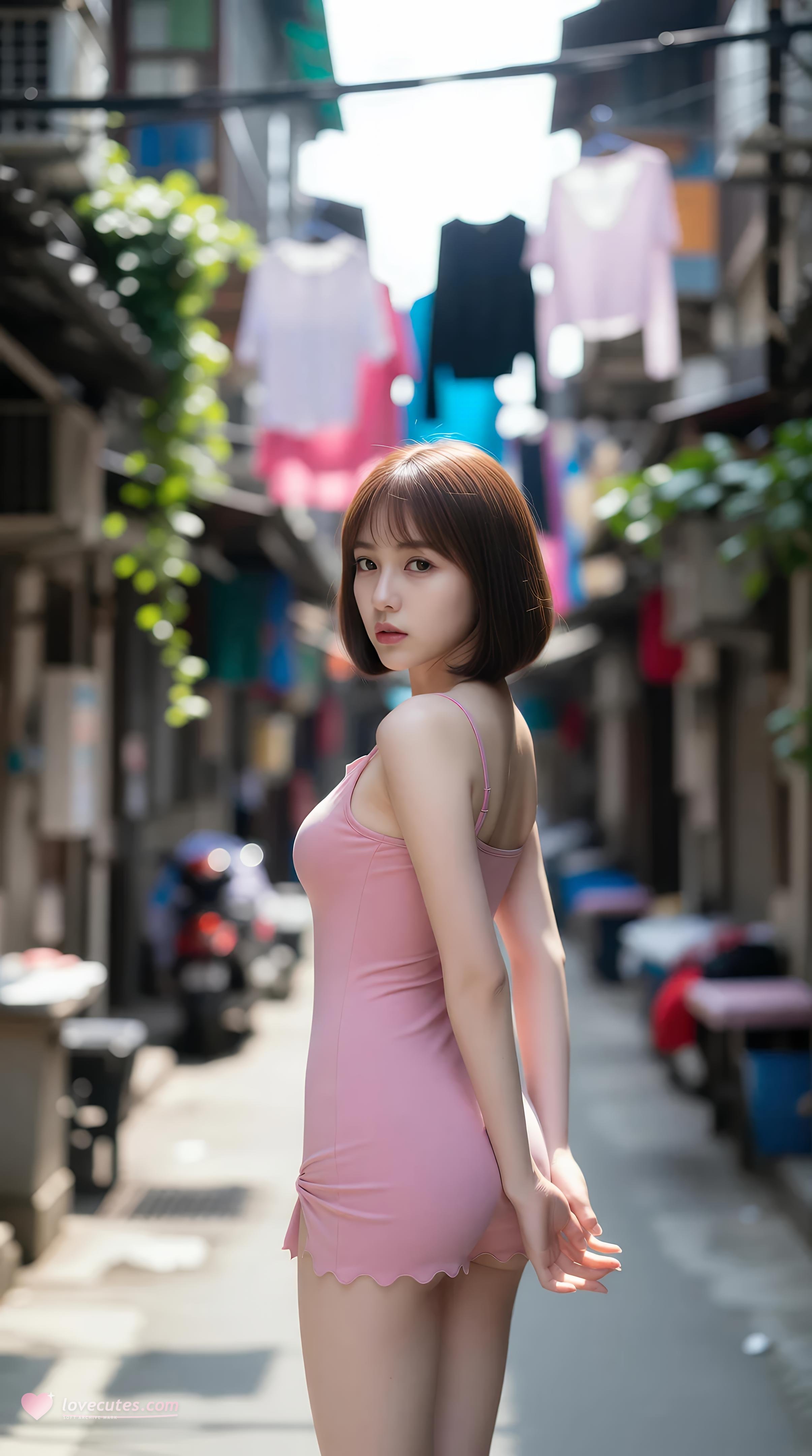 [AI美女] 小乔不乔 - 粉色短裙街巷：户外阳光清纯美腿 97P