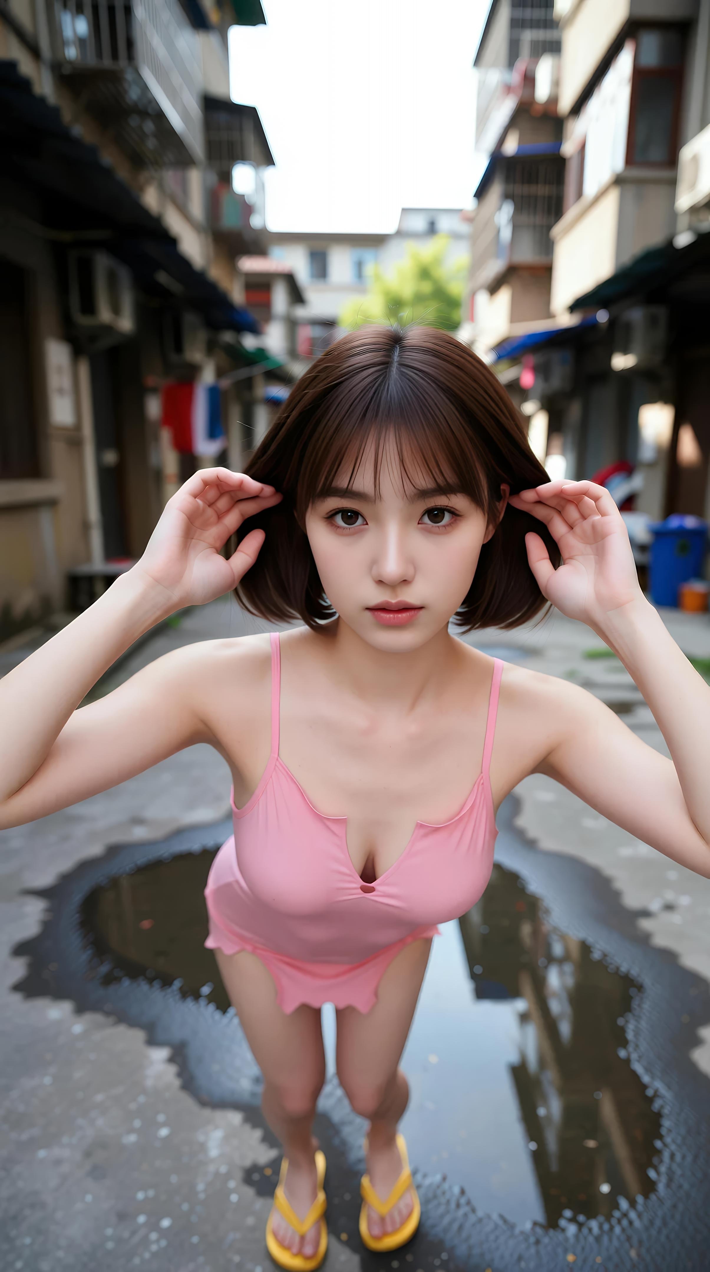 [AI美女] 小乔不乔 - 粉色短裙街巷：户外阳光清纯美腿 97P