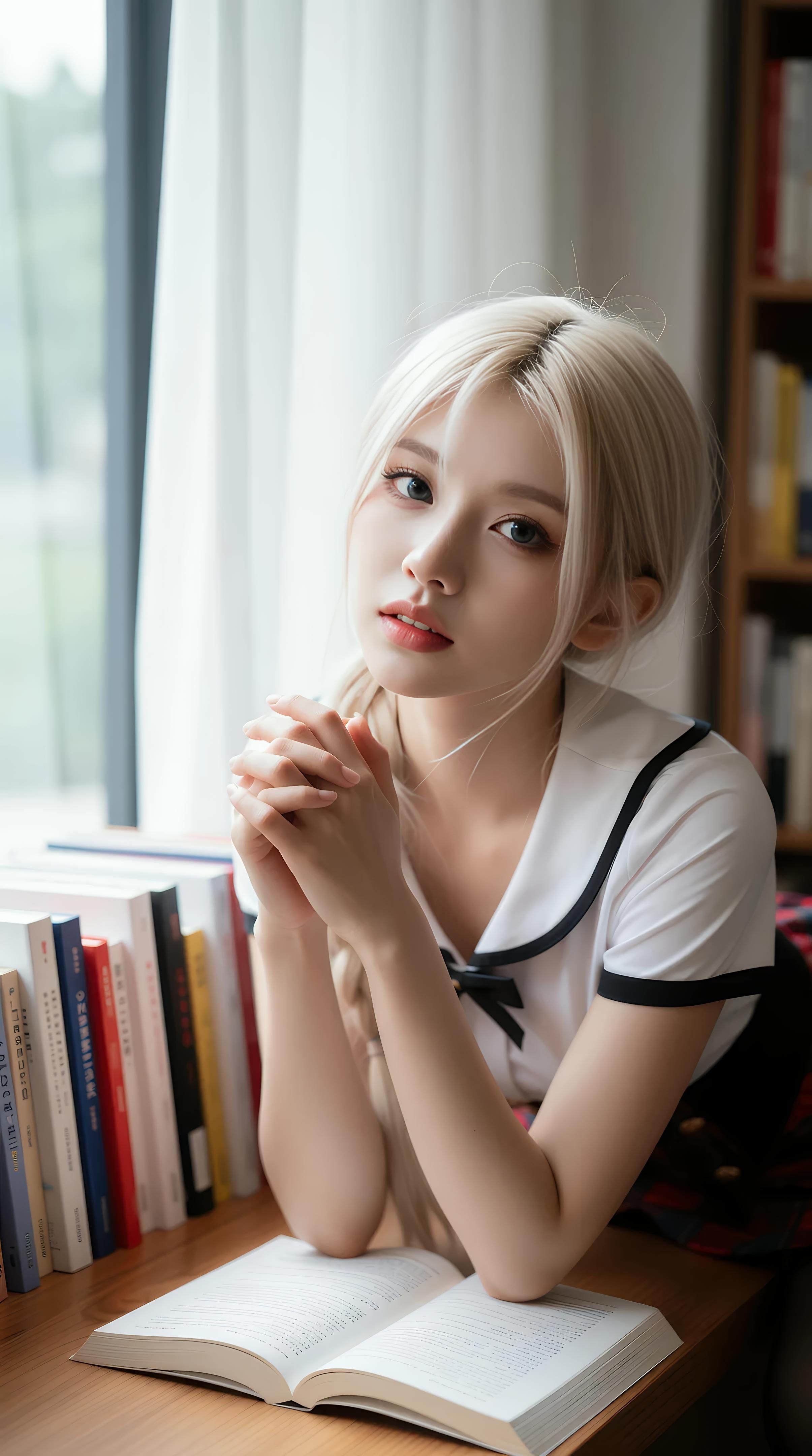 [AI美女] 熙蕾学姐ruby - 图书馆学姐：格裙黑丝校园写真 86P