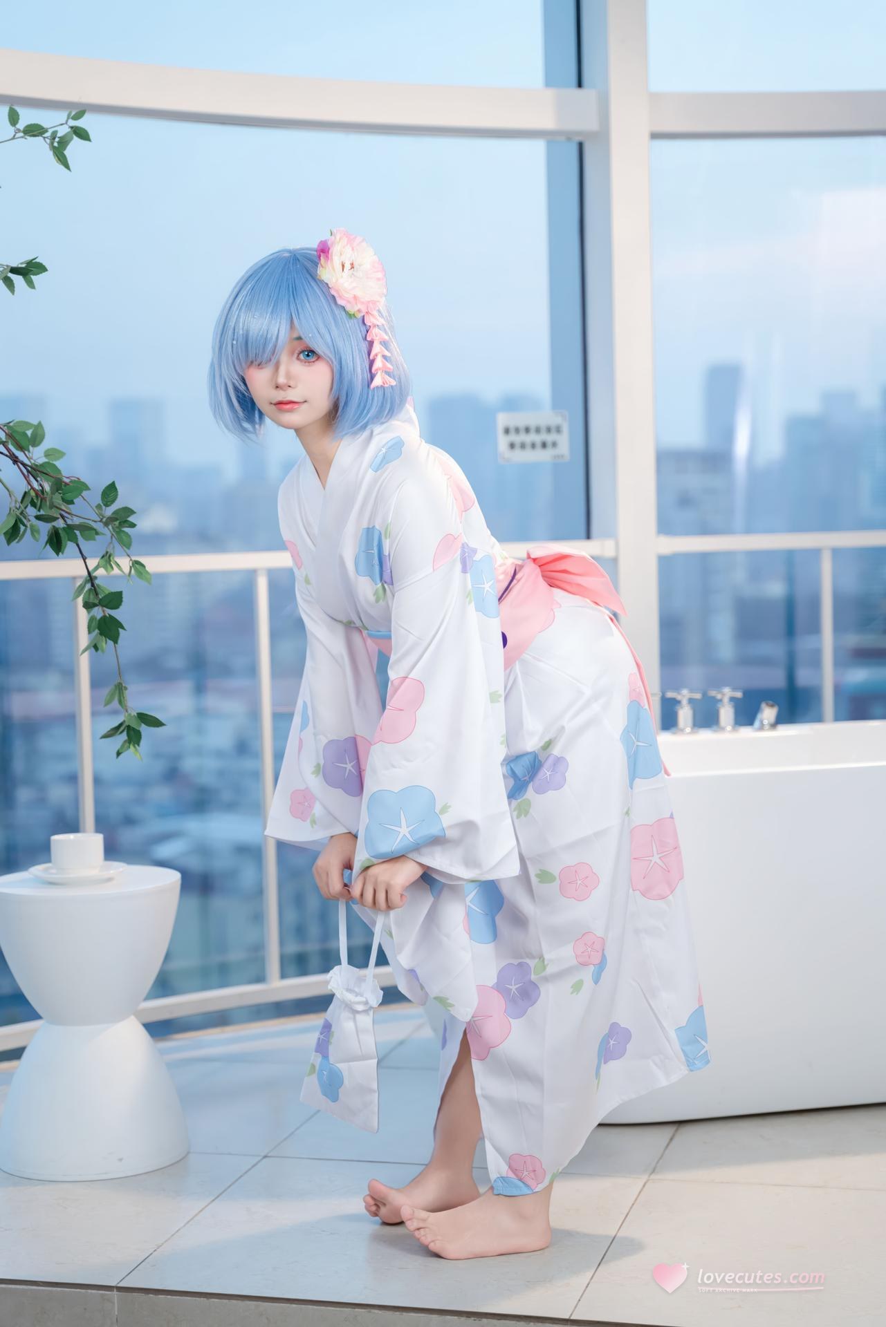 [cosplay] 小羊不吃草 - Re:Zero kara Hajimeru Isekai Seikatsu Rem kimono: tóc xanh, kimono tắm lớn 48P