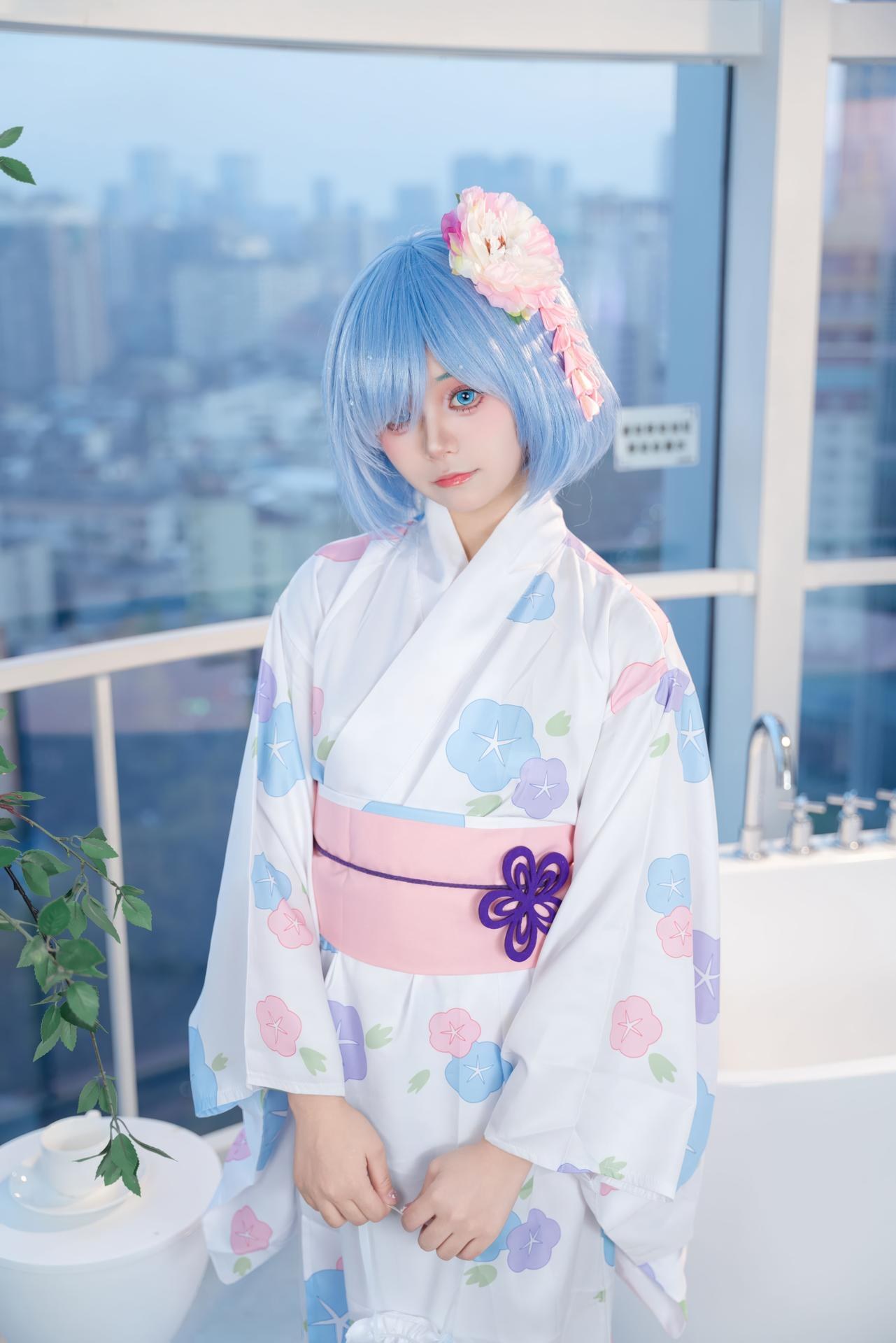 [cosplay] 小羊不吃草 - Re:Zero kara Hajimeru Isekai Seikatsu Rem kimono: tóc xanh, kimono tắm lớn 48P