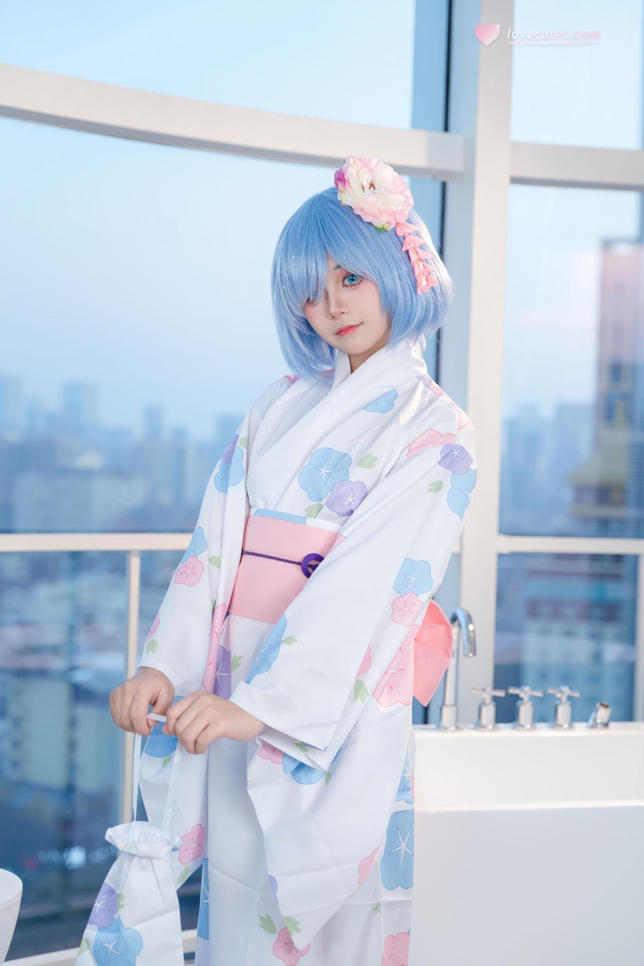 [cosplay] 小羊不吃草 - Re:Zero kara Hajimeru Isekai Seikatsu Rem kimono: tóc xanh, kimono tắm lớn 48P