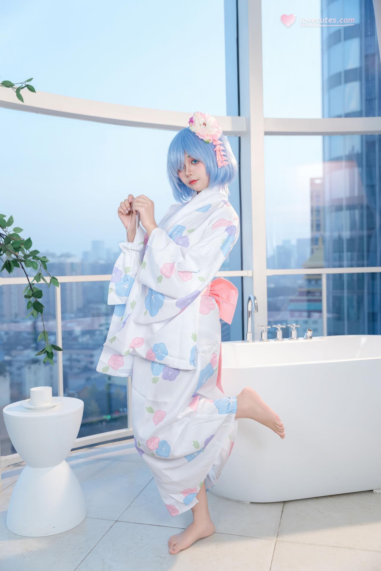 [cosplay] 小羊不吃草 - Re:Zero kara Hajimeru Isekai Seikatsu Rem kimono: tóc xanh, kimono tắm lớn 48P