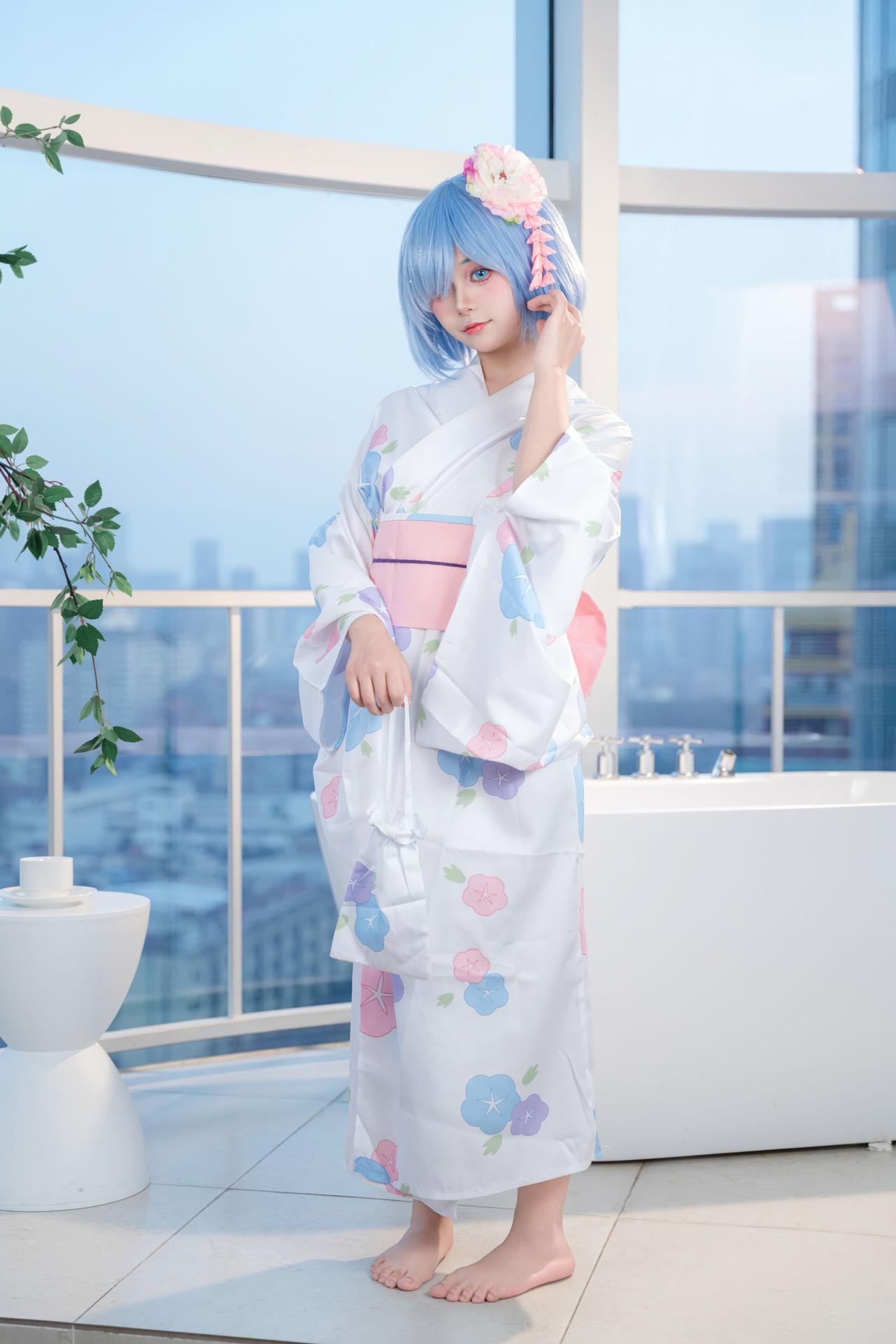 [cosplay] 小羊不吃草 - Re:Zero kara Hajimeru Isekai Seikatsu Rem kimono: tóc xanh, kimono tắm lớn 48P