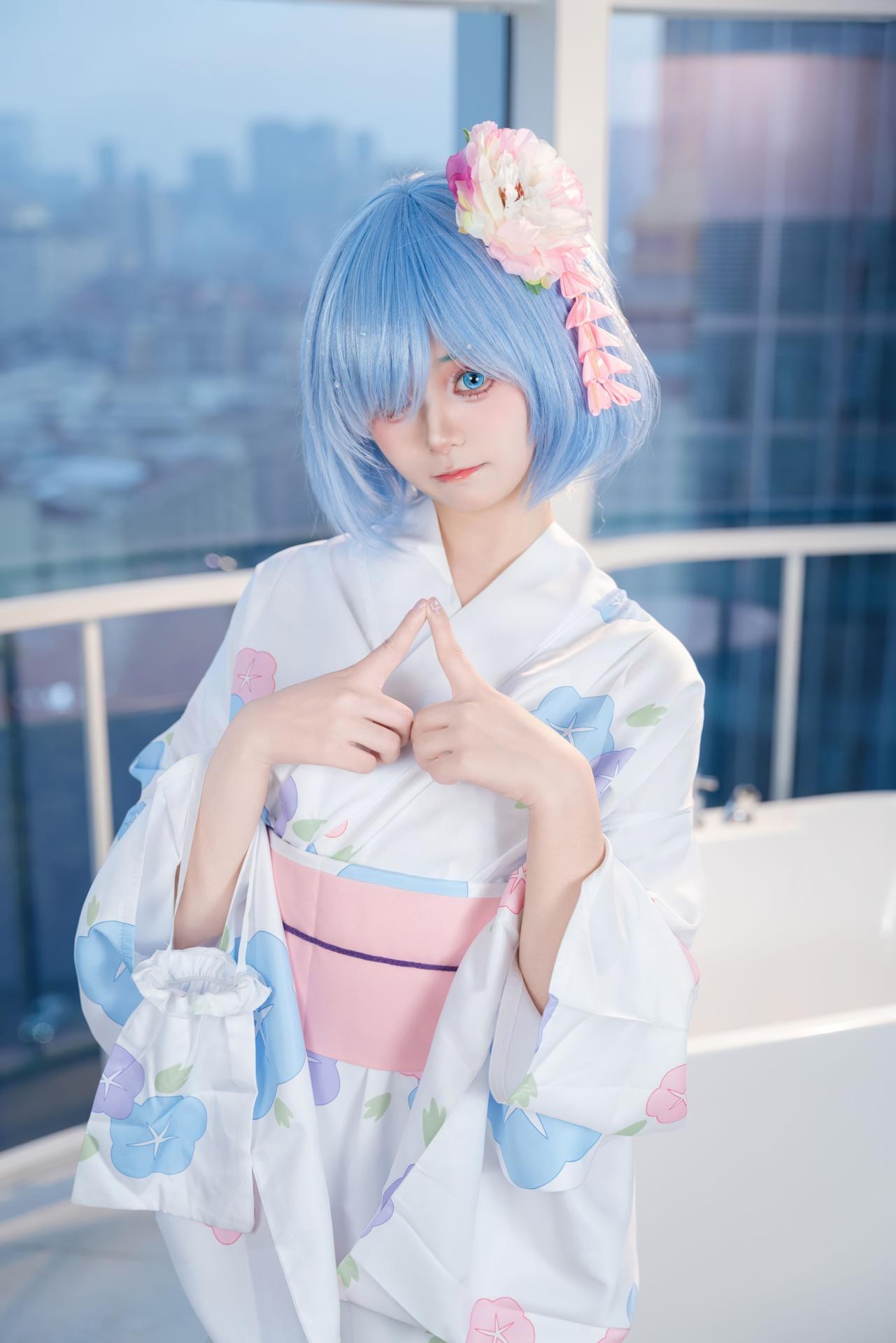 [cosplay] 小羊不吃草 - Re:Zero kara Hajimeru Isekai Seikatsu Rem kimono: tóc xanh, kimono tắm lớn 48P