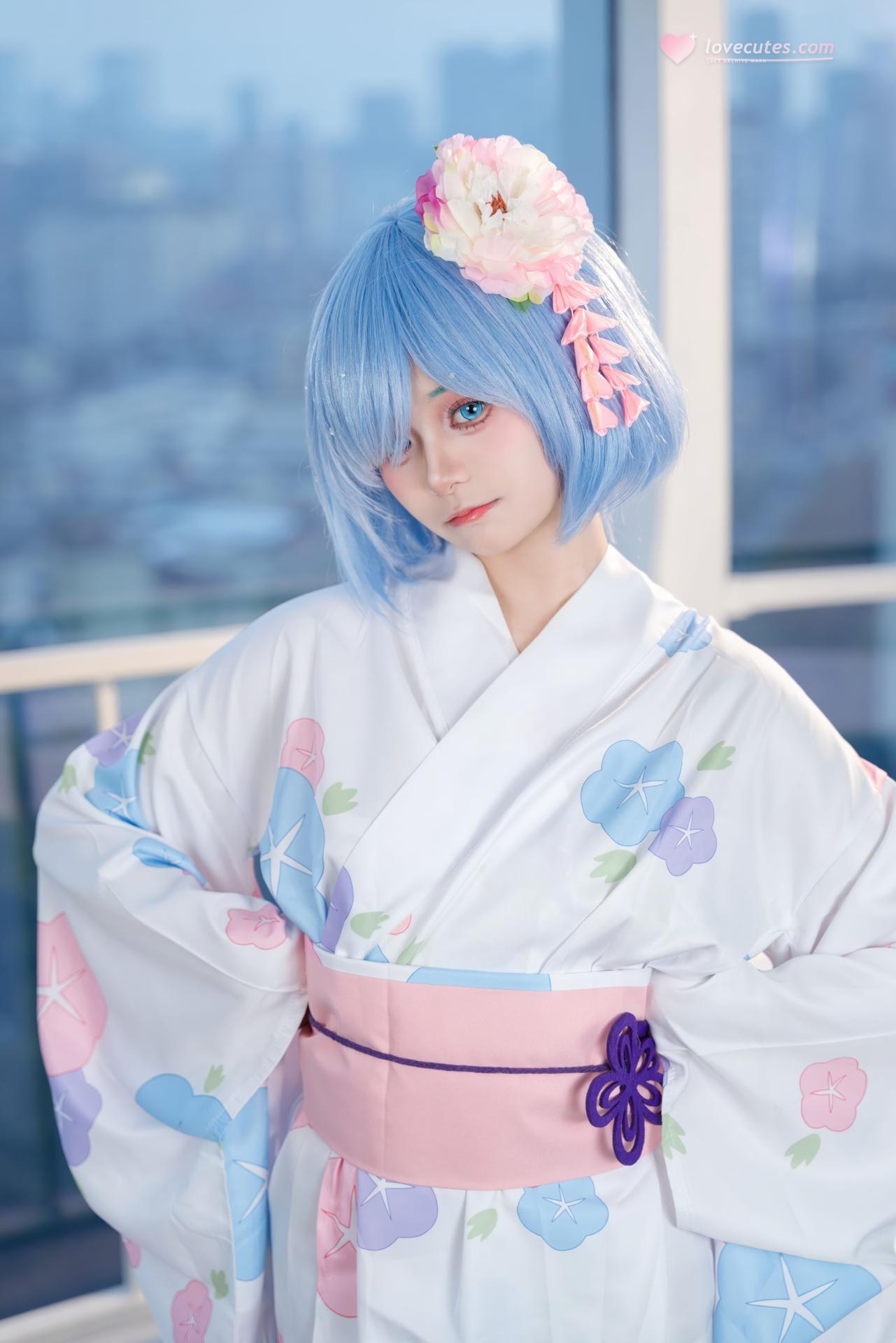 [cosplay] 小羊不吃草 - Re:Zero kara Hajimeru Isekai Seikatsu Rem kimono: tóc xanh, kimono tắm lớn 48P