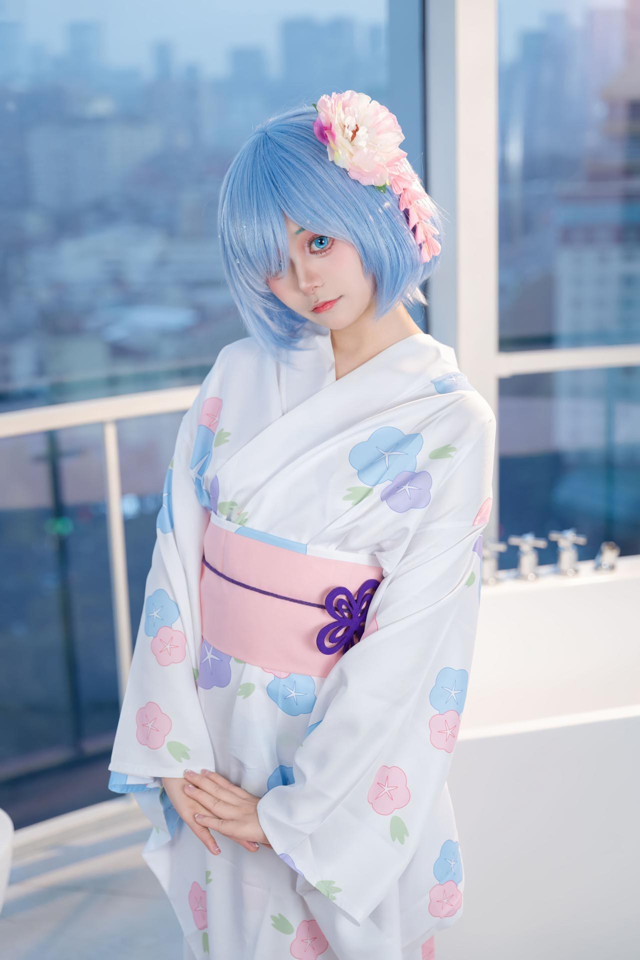 [cosplay] 小羊不吃草 - Re:Zero kara Hajimeru Isekai Seikatsu Rem kimono: tóc xanh, kimono tắm lớn 48P