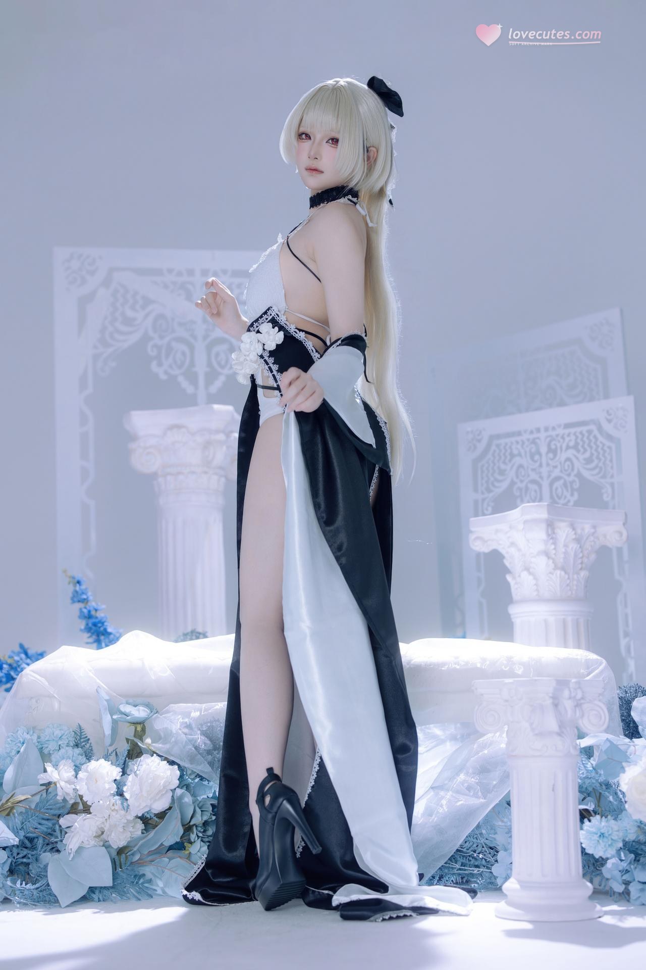 [cosplay] 屿鱼 - 碧蓝航线 可畏同人礼服：黑白礼服白丝美腿冰蓝布景 63P