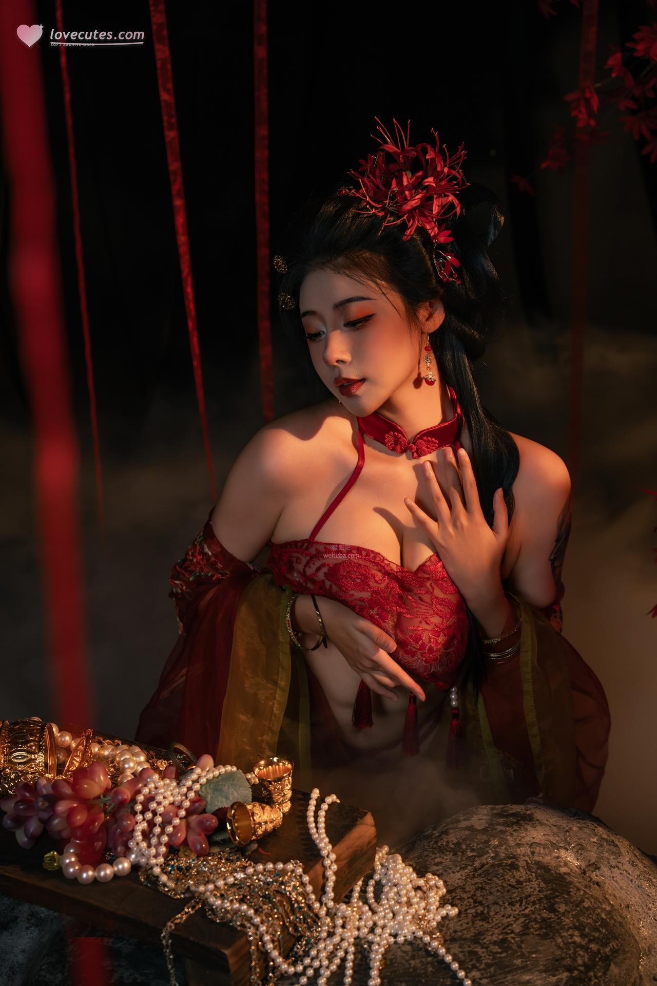 [私房] 奈汐酱nice - 流丹: ชุดชั้นในโบราณเชือกสีแดง ฉากเงาดอกไม้ โทนภาพขนาดใหญ่ 85P