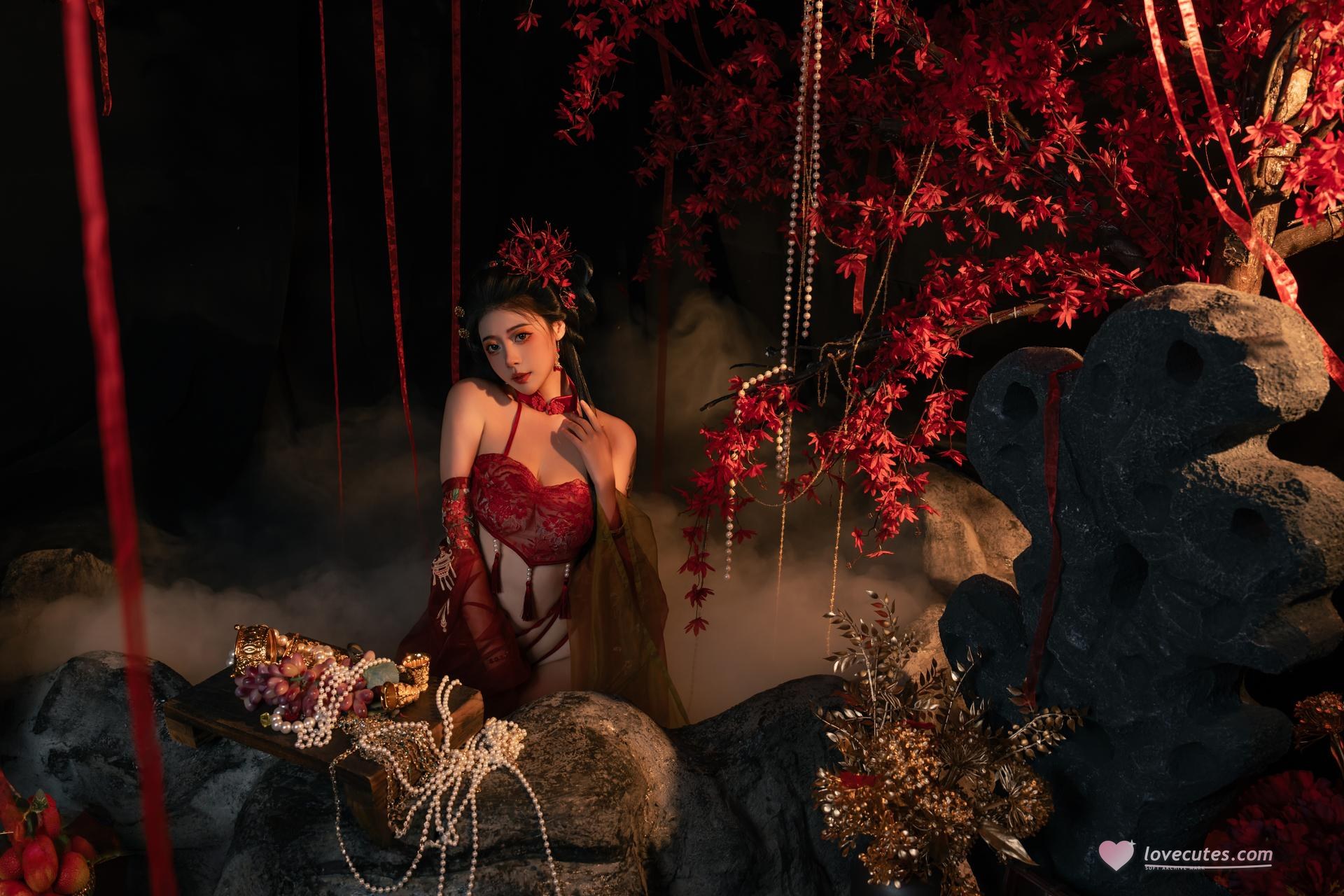 [私房] 奈汐酱nice - 流丹: ชุดชั้นในโบราณเชือกสีแดง ฉากเงาดอกไม้ โทนภาพขนาดใหญ่ 85P