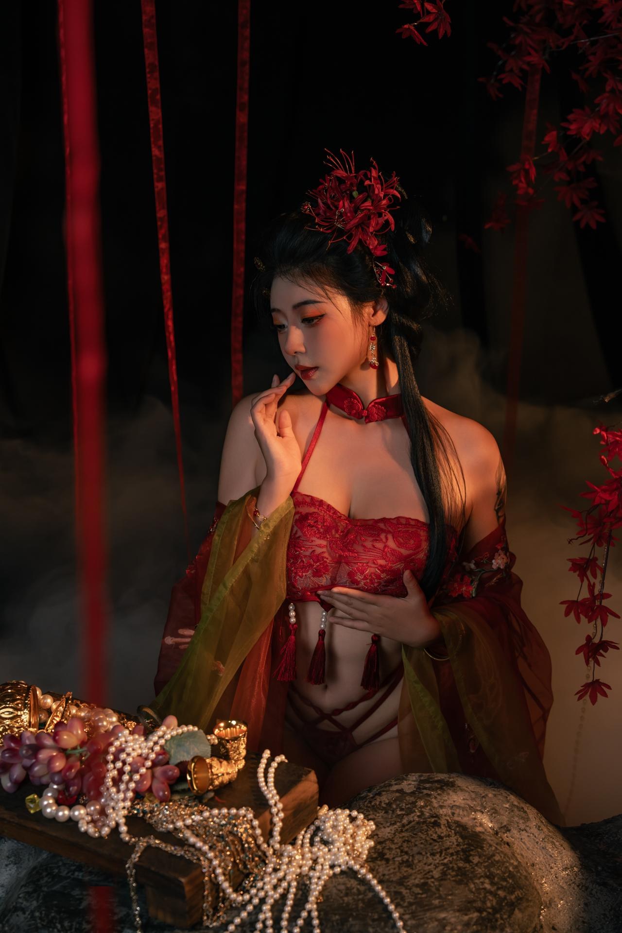 [私房] 奈汐酱nice - 流丹: ชุดชั้นในโบราณเชือกสีแดง ฉากเงาดอกไม้ โทนภาพขนาดใหญ่ 85P