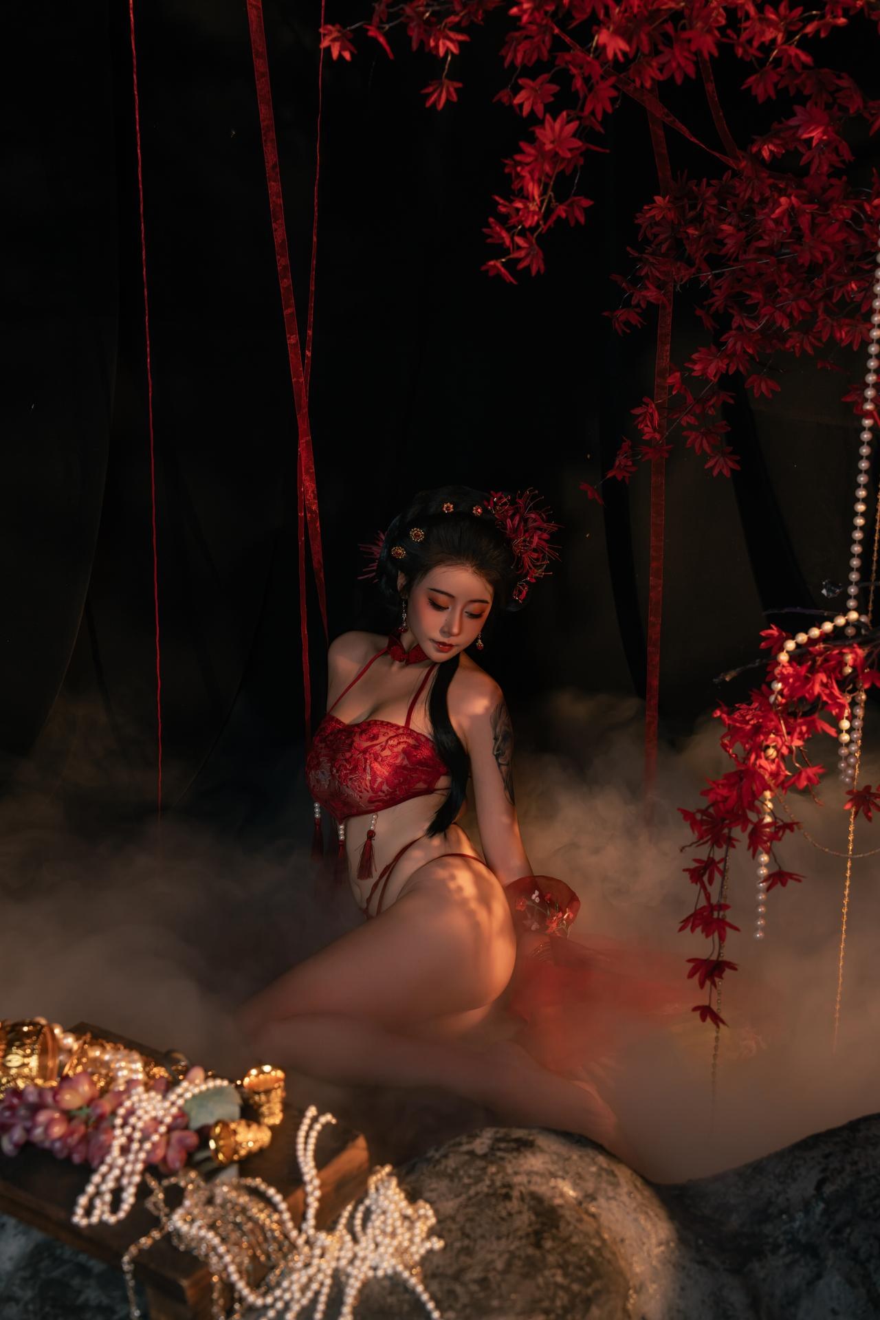 [私房] 奈汐酱nice - 流丹: ชุดชั้นในโบราณเชือกสีแดง ฉากเงาดอกไม้ โทนภาพขนาดใหญ่ 85P
