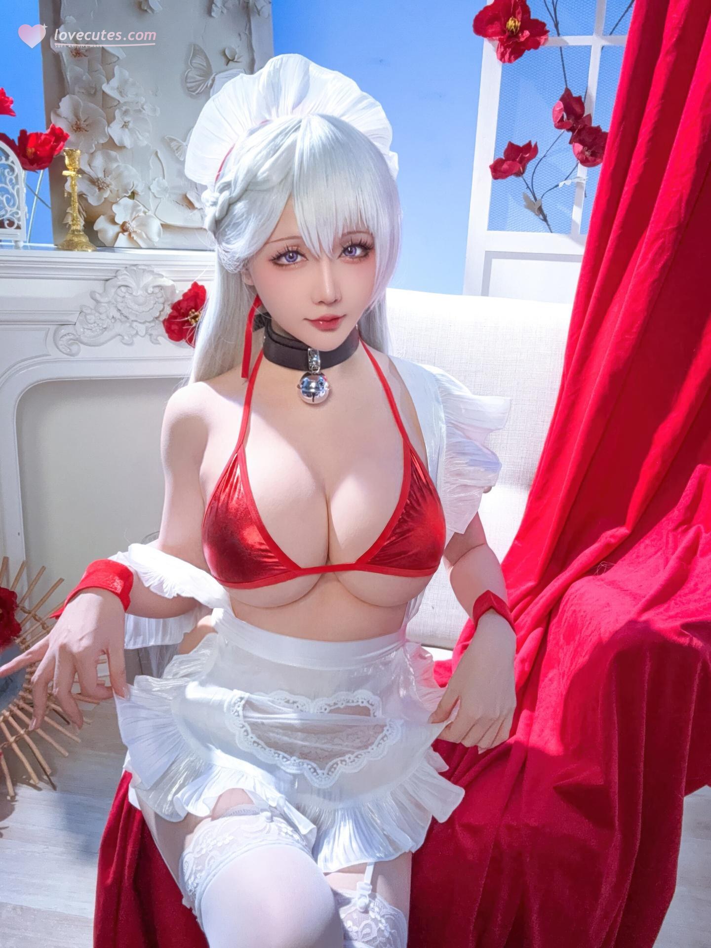 [cosplay] 星之迟迟Hoshilily - Bỉ Lân Hàng Tuyến Belfast: đồ bơi dây đỏ tóc trắng, phong cách Nhật Bản, vòng 1 đẹp 49P