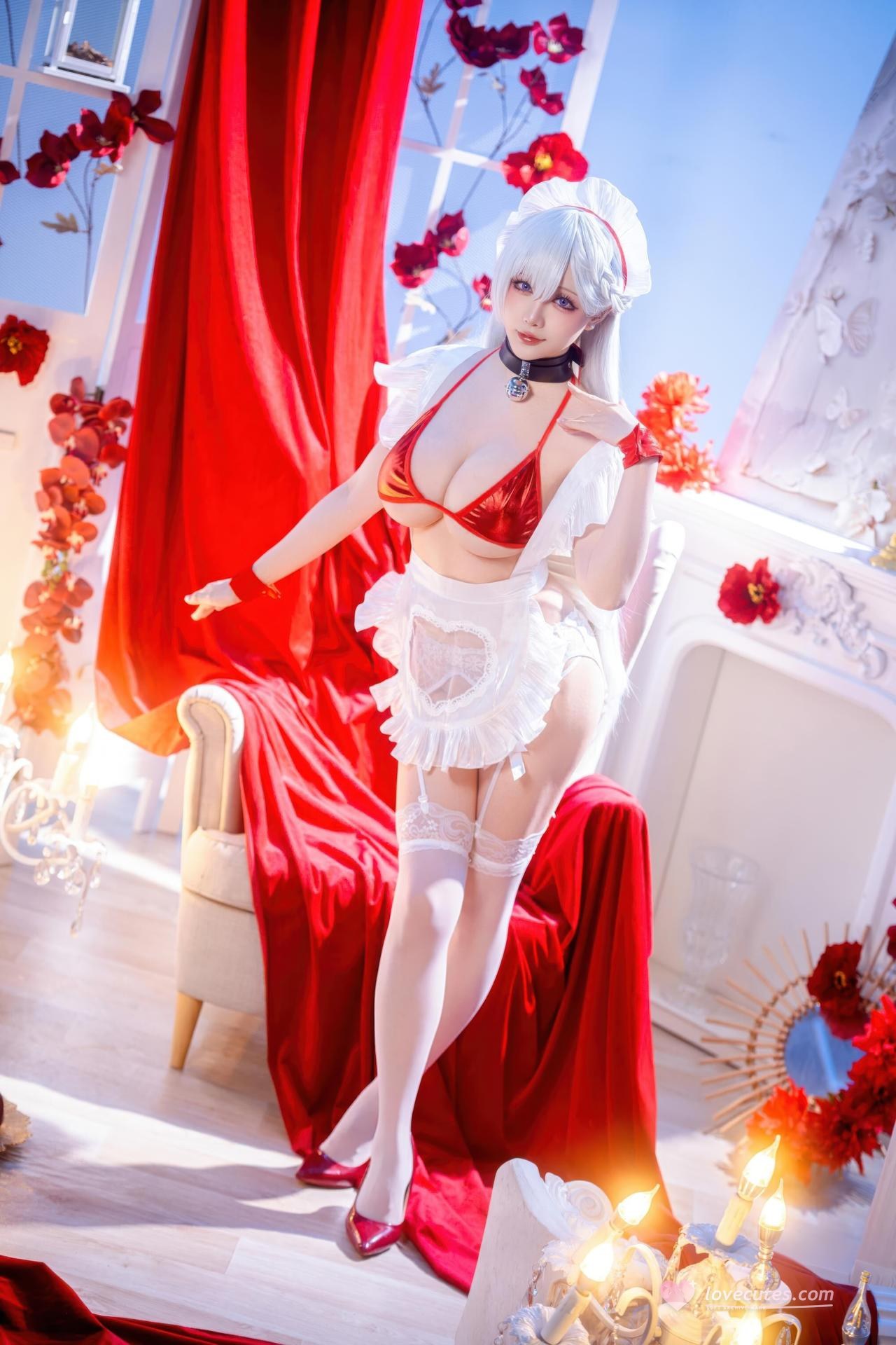 [cosplay] 星之迟迟Hoshilily - Bỉ Lân Hàng Tuyến Belfast: đồ bơi dây đỏ tóc trắng, phong cách Nhật Bản, vòng 1 đẹp 49P