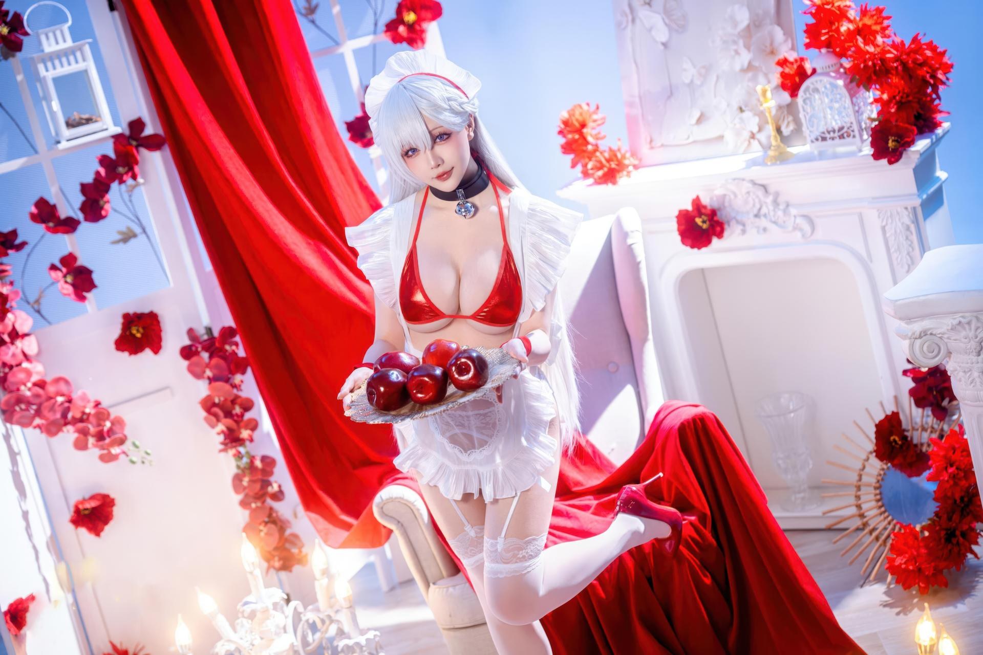 [cosplay] 星之迟迟Hoshilily - Bỉ Lân Hàng Tuyến Belfast: đồ bơi dây đỏ tóc trắng, phong cách Nhật Bản, vòng 1 đẹp 49P