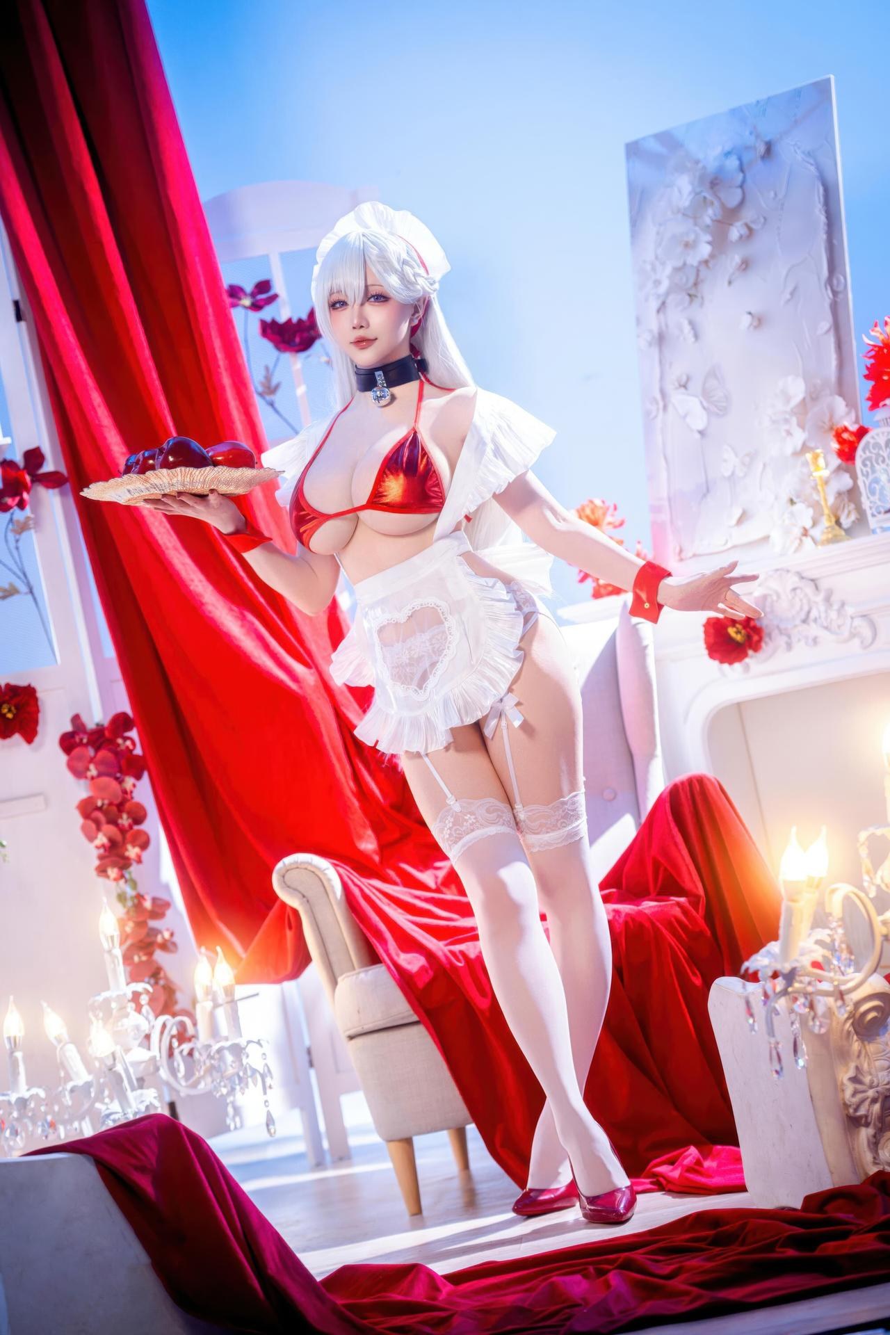 [cosplay] 星之迟迟Hoshilily - Bỉ Lân Hàng Tuyến Belfast: đồ bơi dây đỏ tóc trắng, phong cách Nhật Bản, vòng 1 đẹp 49P