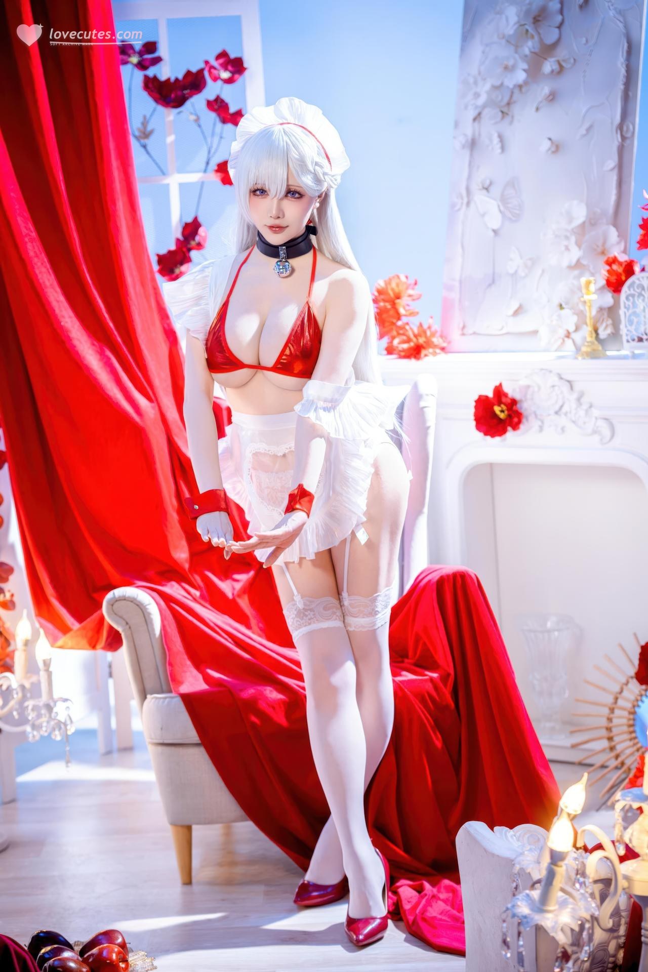 [cosplay] 星之迟迟Hoshilily - Bỉ Lân Hàng Tuyến Belfast: đồ bơi dây đỏ tóc trắng, phong cách Nhật Bản, vòng 1 đẹp 49P
