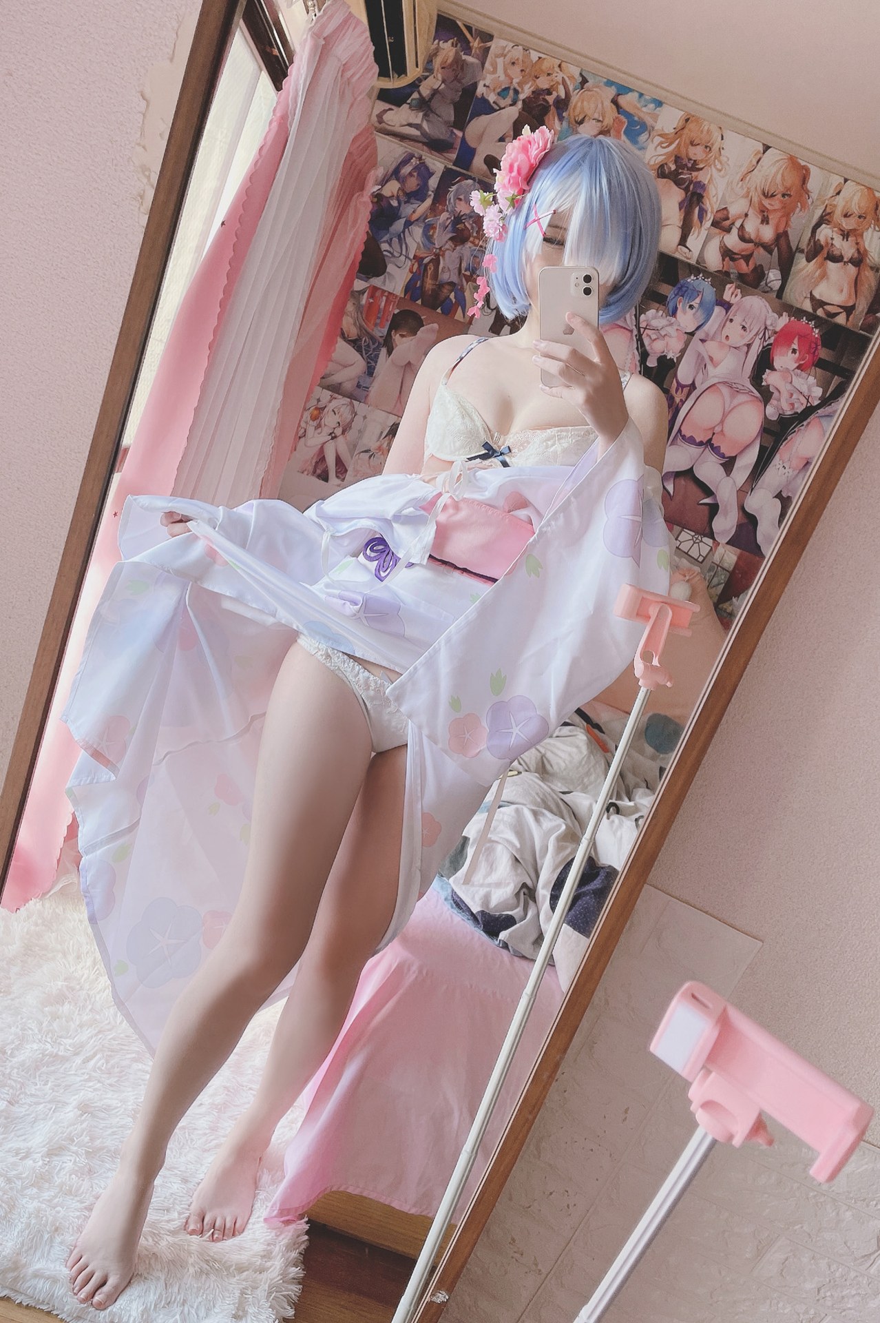 [cosplay] 习呆呆 - Rem kimono: phục dựng họa tiết chấm bi phong cách hòa phục màu hồng trắng 42P1V